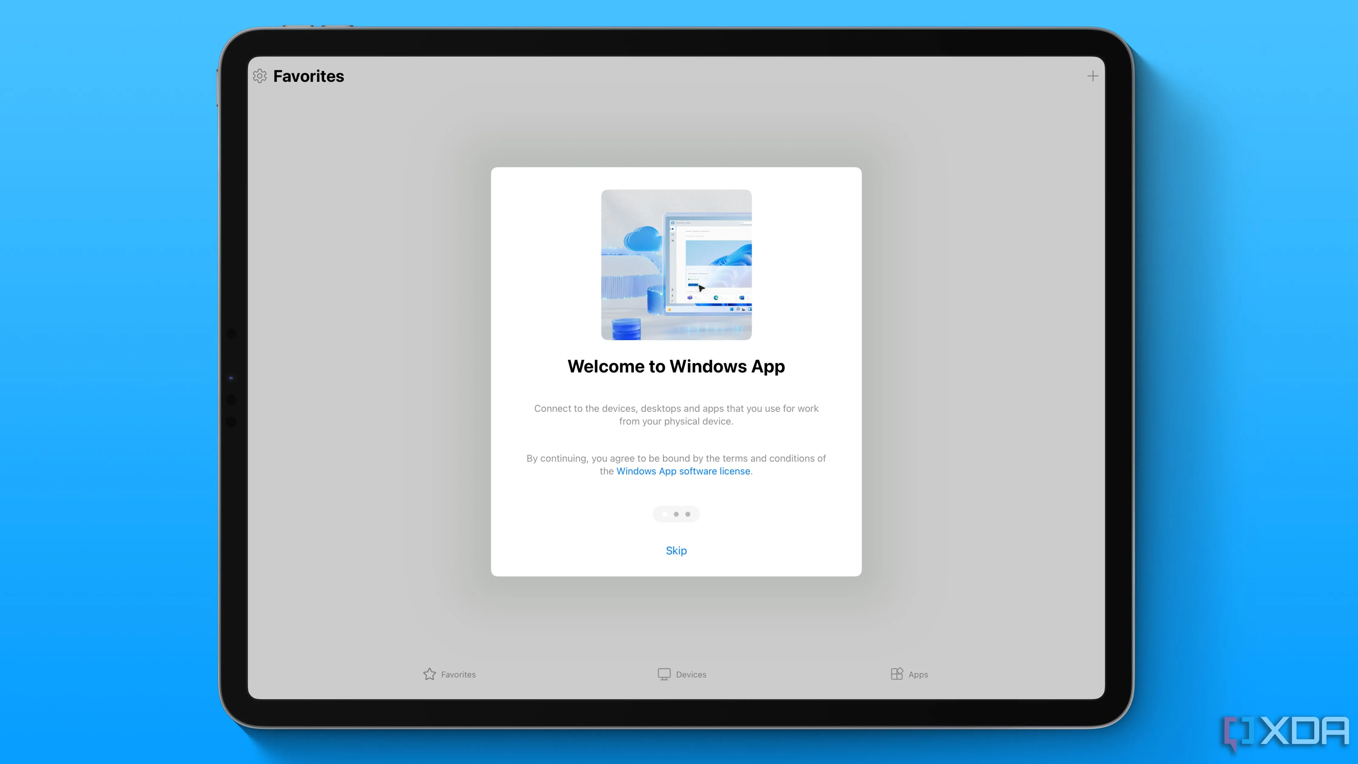 Màn hình thiết lập ứng dụng Windows trên iPad Pro, thay thế Remote Desktop Client.