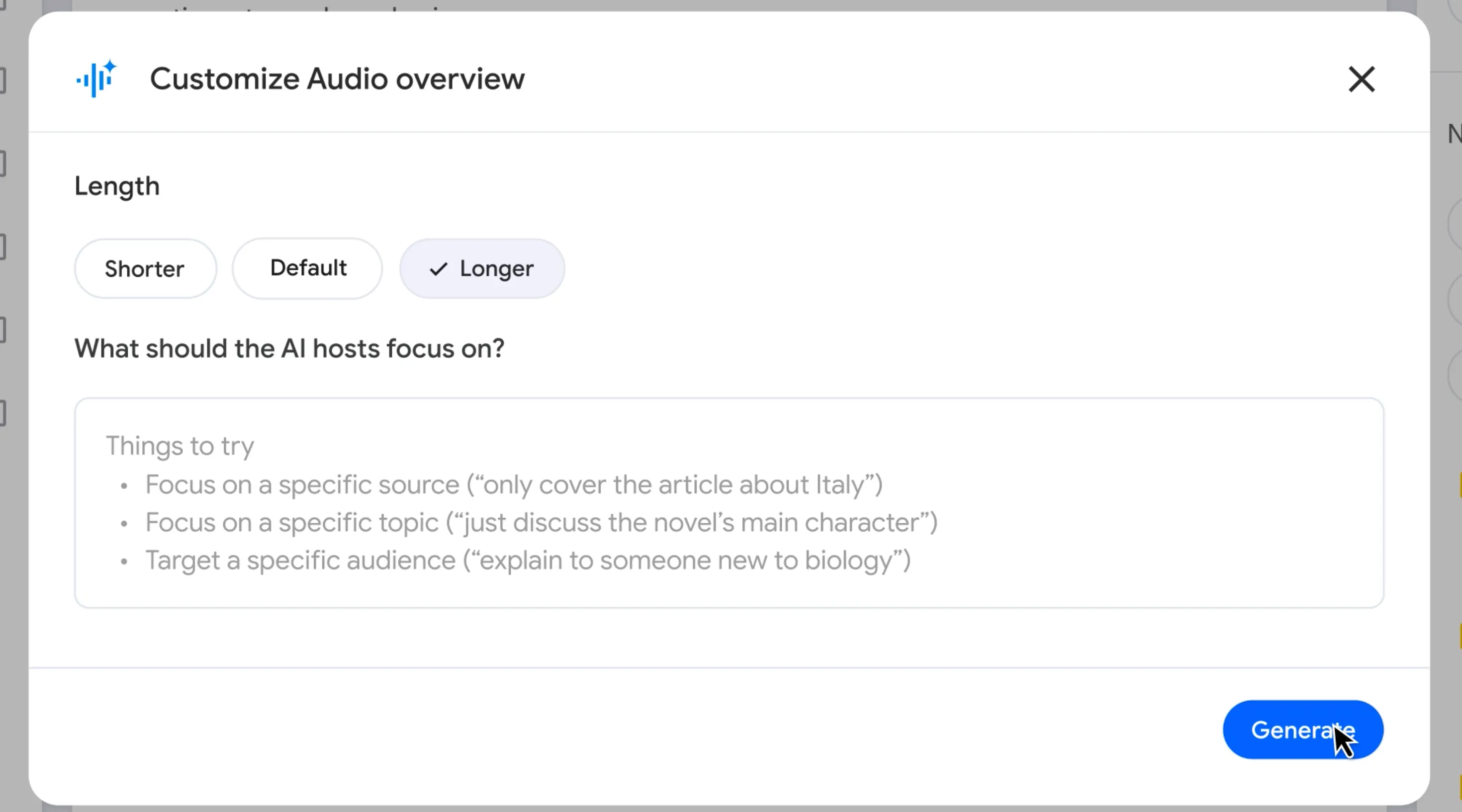 Màn hình tùy chỉnh tính năng Audio Overviews của Google NotebookLM với các lựa chọn độ dài podcast AI