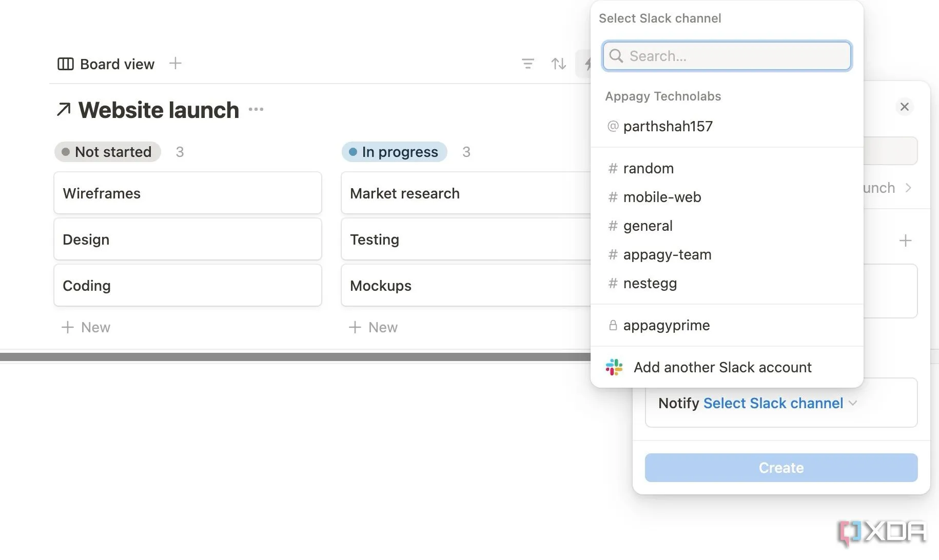Màn hình tùy chọn tích hợp Slack trong Notion, thể hiện khả năng tự động hóa và kết nối với ứng dụng bên thứ ba
