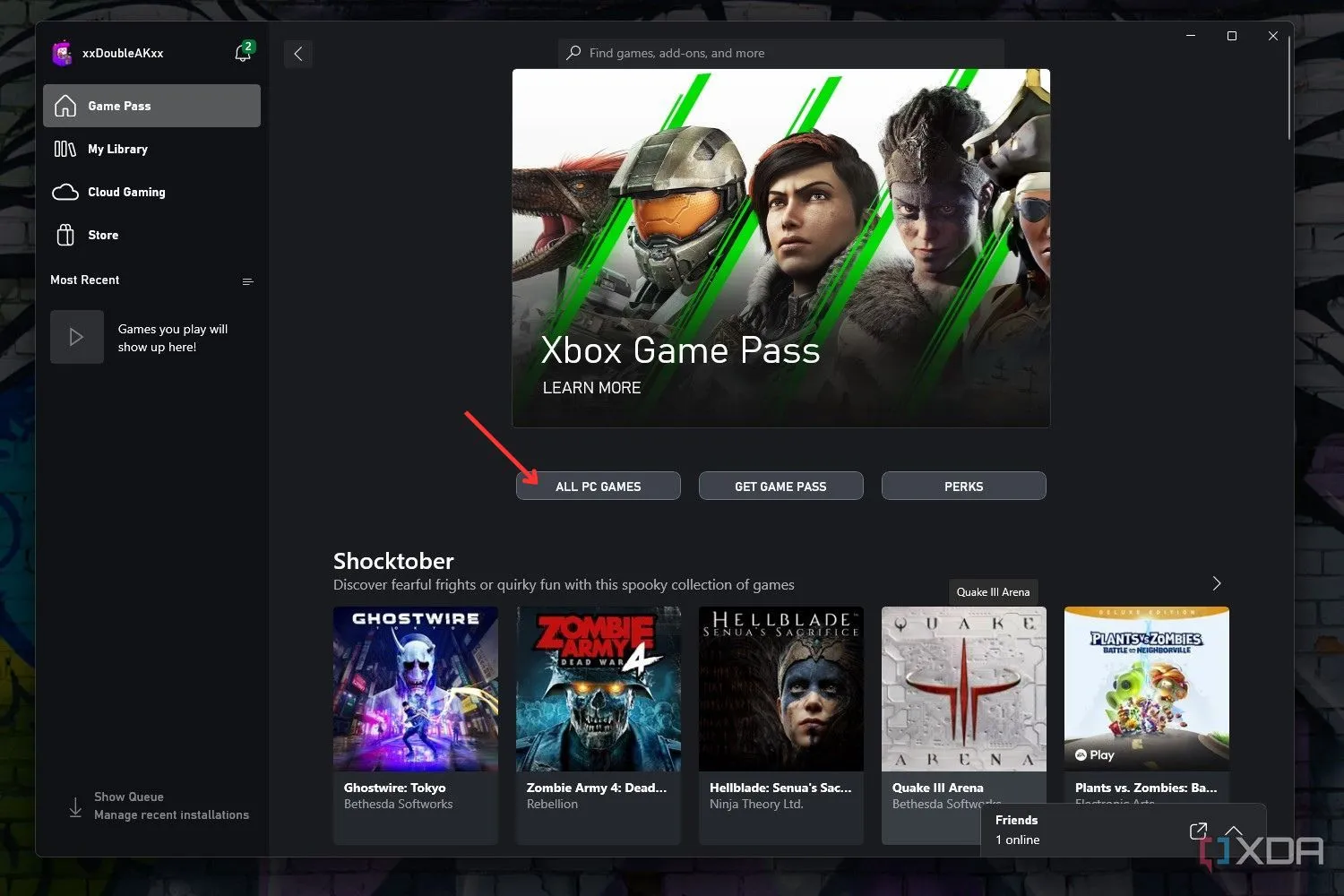 Màn hình ứng dụng Xbox trên Windows hiển thị tùy chọn &quot;Tất cả Game PC&quot; dành cho người dùng PC Game Pass