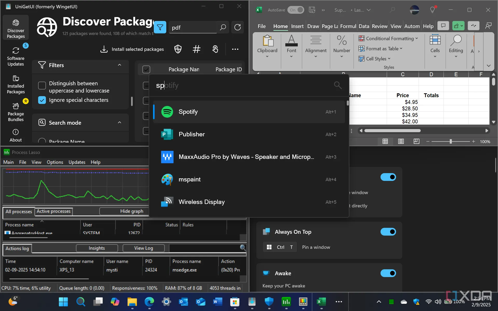 Màn hình Windows 11 hiển thị đa nhiệm với các công cụ tối ưu năng suất như UniGetUI, Excel và PowerToys