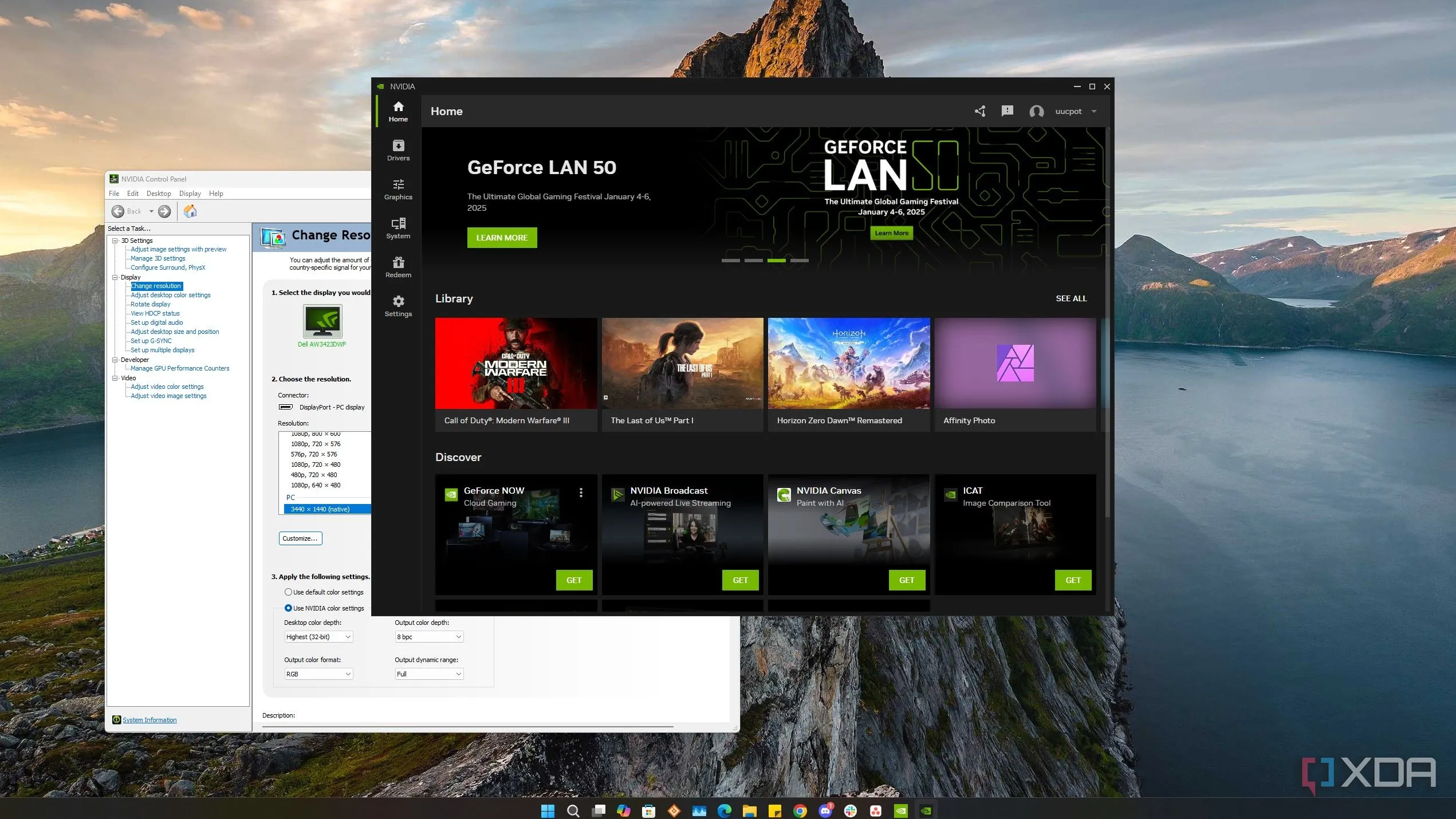 Màn hình Windows 11 hiển thị NVIDIA Control Panel và NVIDIA App mở, nơi điều chỉnh cài đặt đồ họa cho game Counter-Strike 2