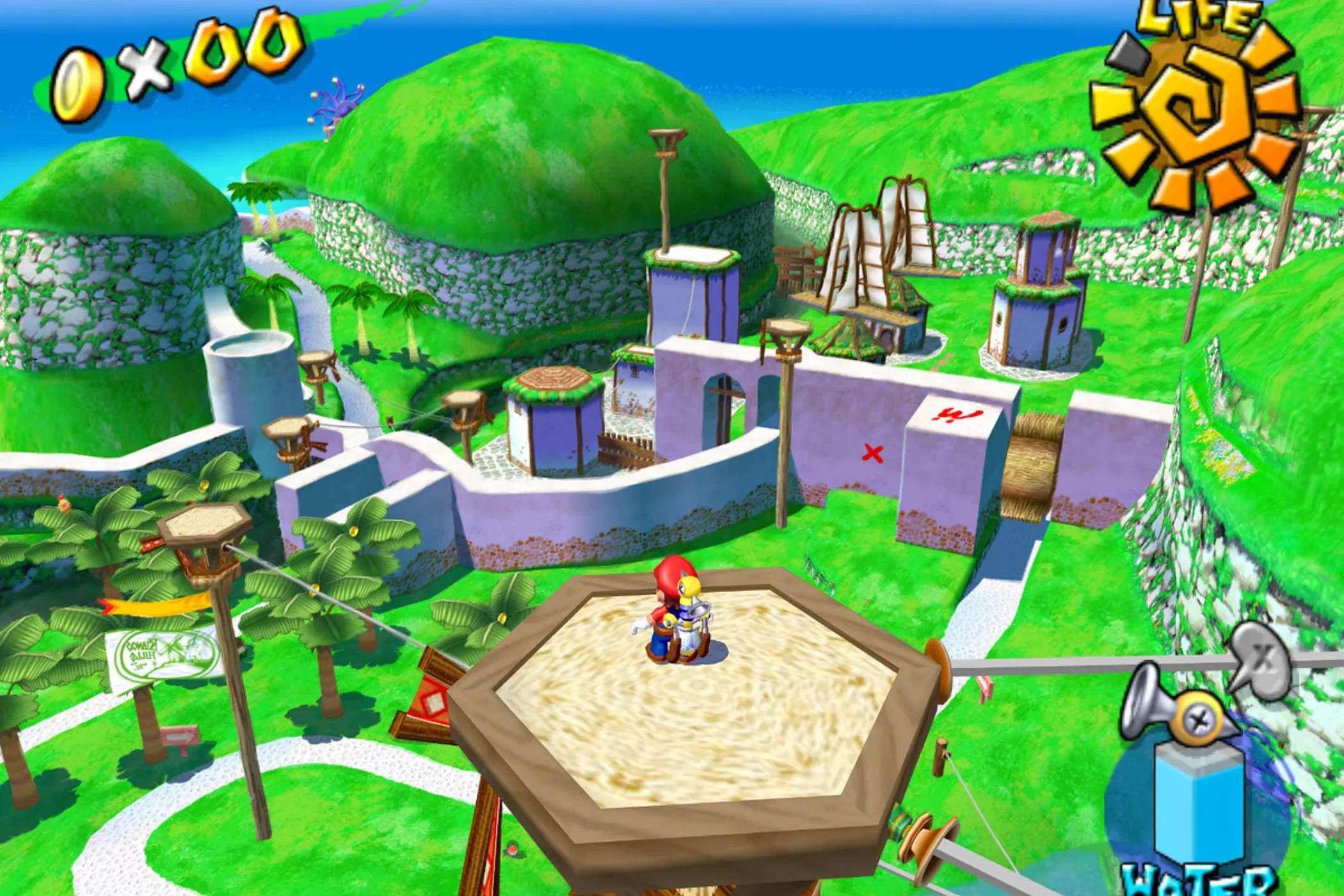 Mario đứng trên đỉnh tháp tại hòn đảo Delfino, chuẩn bị dọn dẹp mực trong game Super Mario Sunshine
