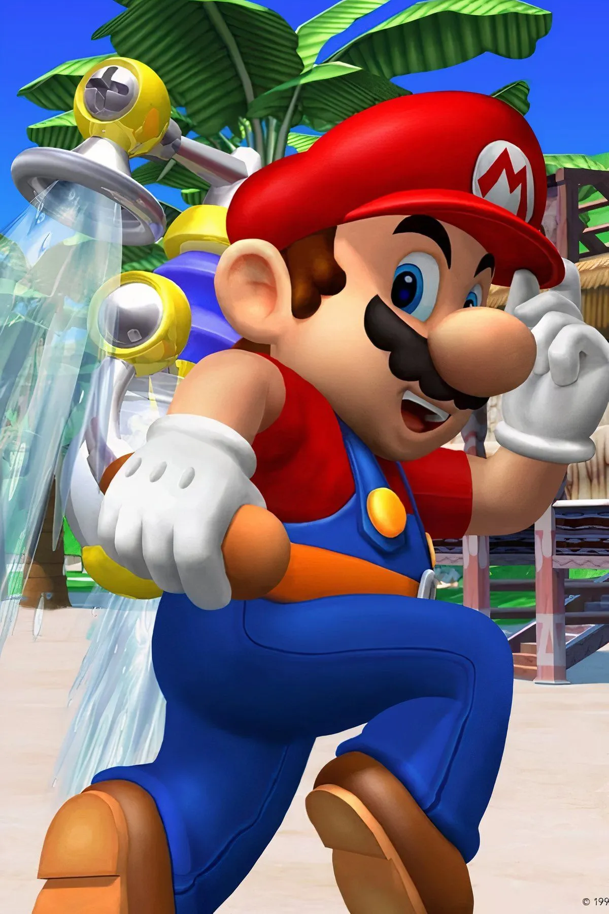 Mario sử dụng thiết bị FLUDD để dọn dẹp và di chuyển trong thế giới nhiệt đới của Super Mario Sunshine.
