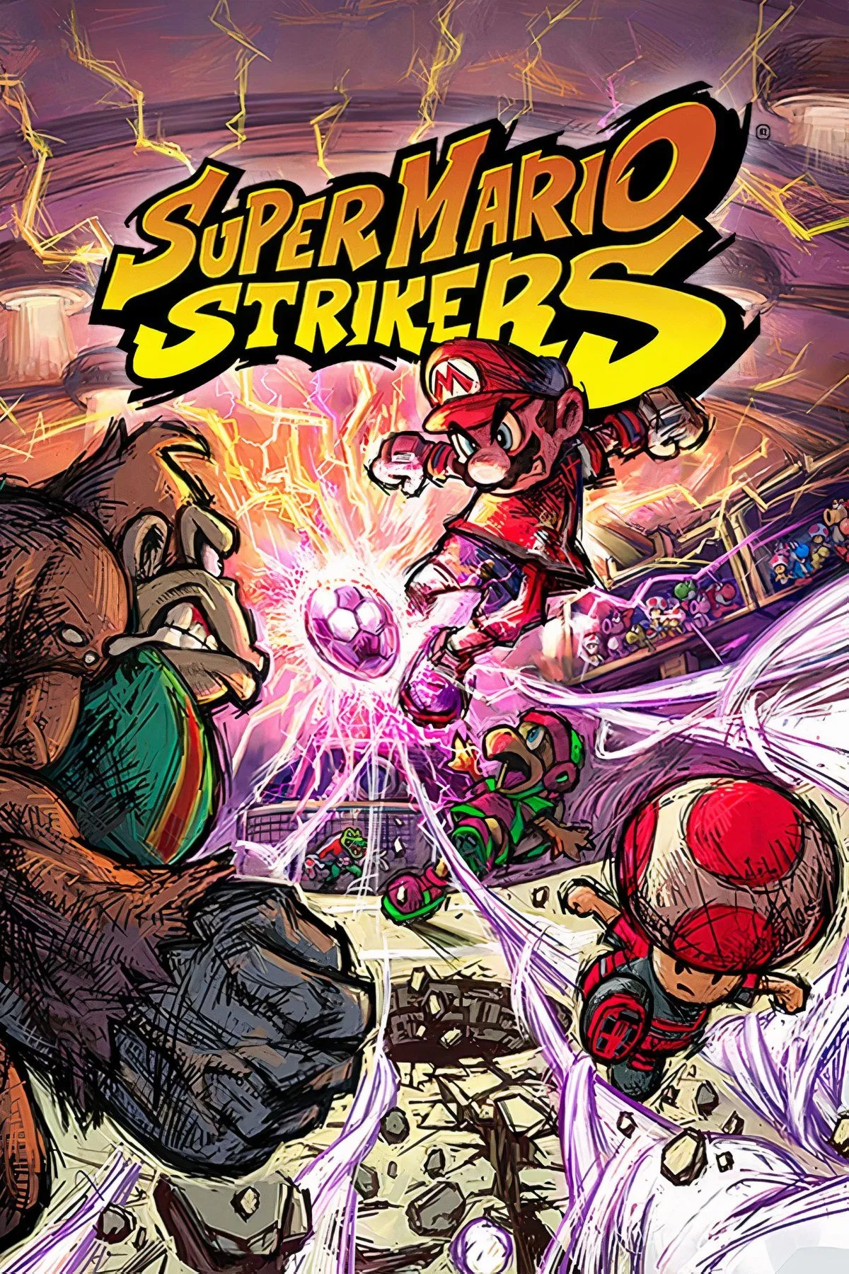 Mario và các nhân vật đang thi đấu bóng đá cường độ cao trong Super Mario Strikers.