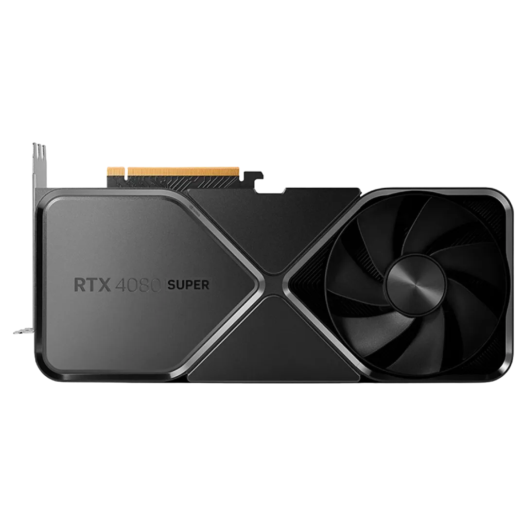 Mặt sau của card đồ họa Nvidia GeForce RTX 4080 Super Founders Edition, thể hiện thiết kế cao cấp và logo Nvidia.
