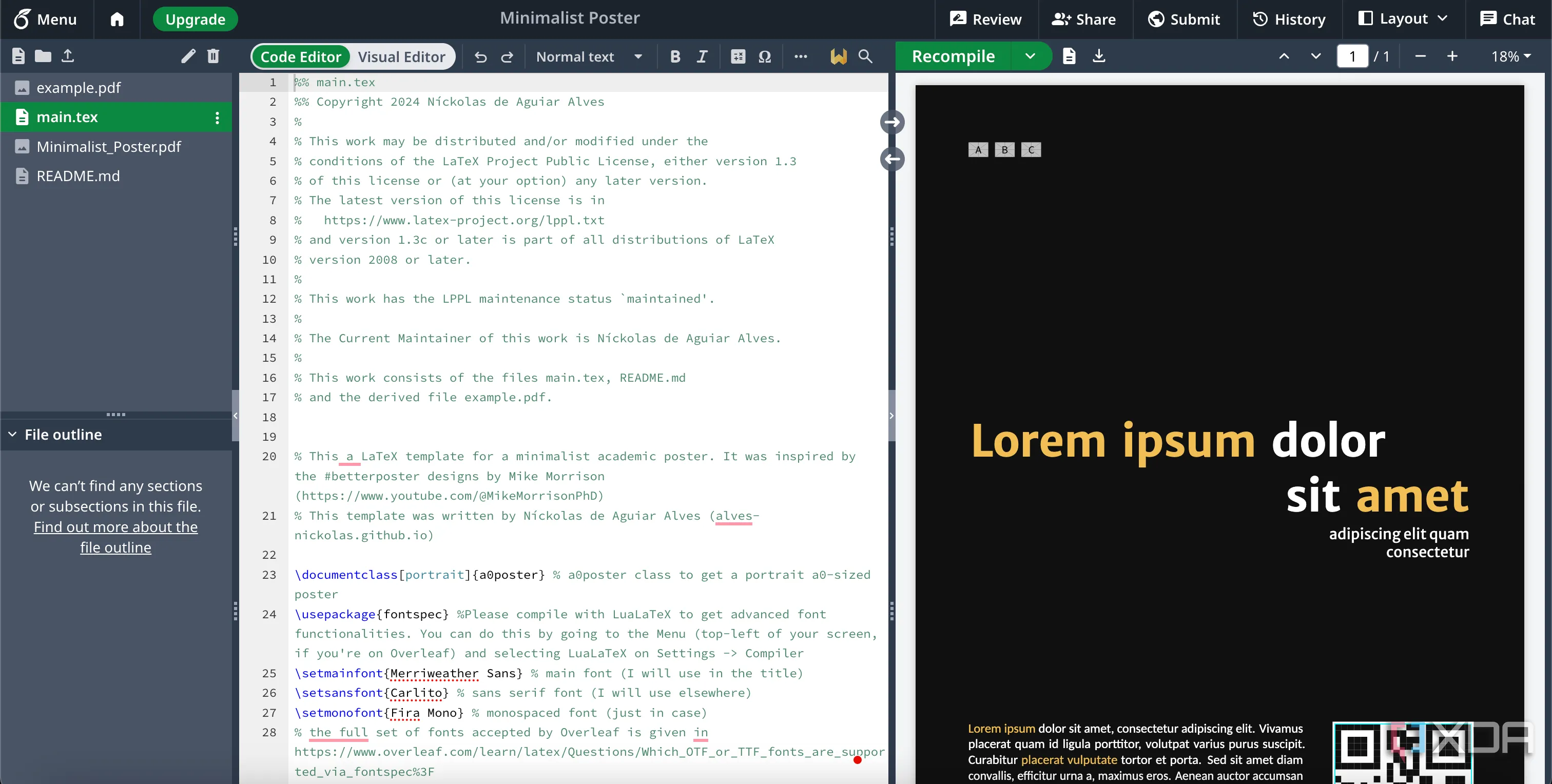 Mẫu poster quảng cáo sáng tạo được tạo ra bằng Overleaf, tích hợp mã QR