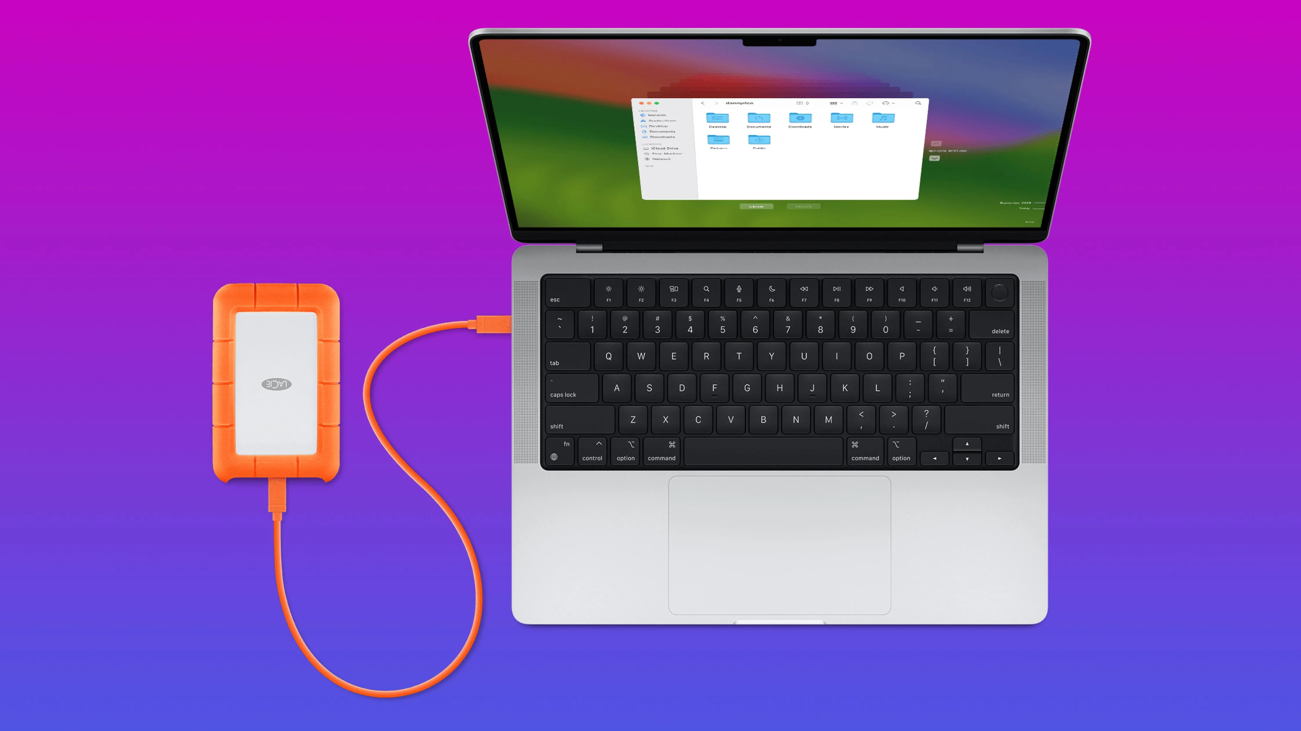 Máy Mac với ổ đĩa ngoài, minh họa việc sao lưu hoặc kiểm tra dữ liệu sau khi xóa