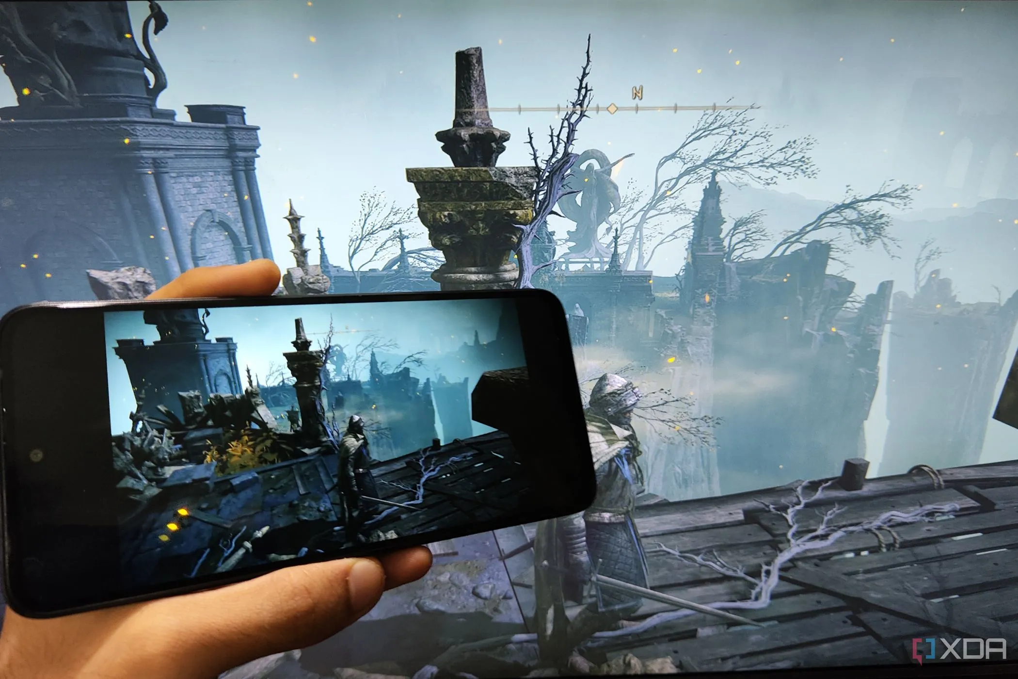 Máy tính chạy game Elden Ring và stream không dây đến điện thoại Poco M6 Pro, minh họa hiệu suất của Apollo và Artemis