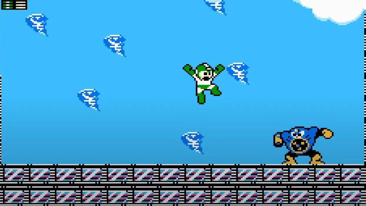 Mega Man 2 đang chiến đấu với boss Wind Man