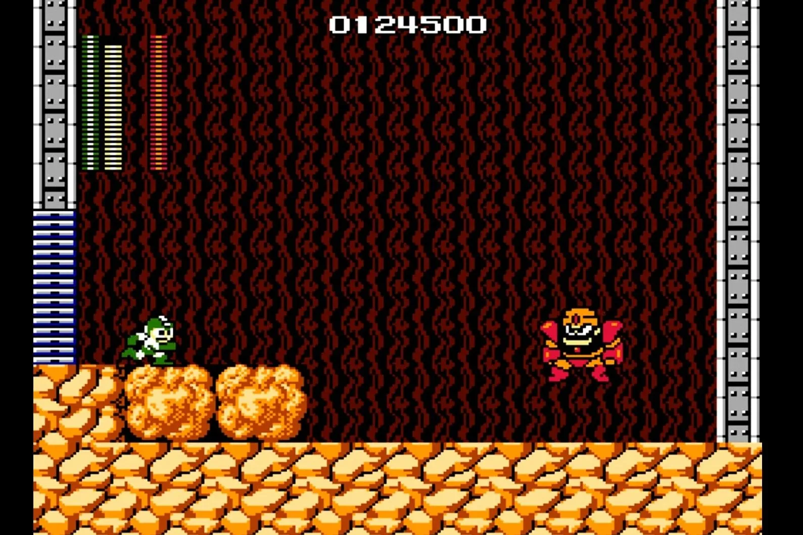 Mega Man đối đầu boss trong một màn chơi trên NES, minh họa độ khó đặc trưng của dòng game platformer hành động