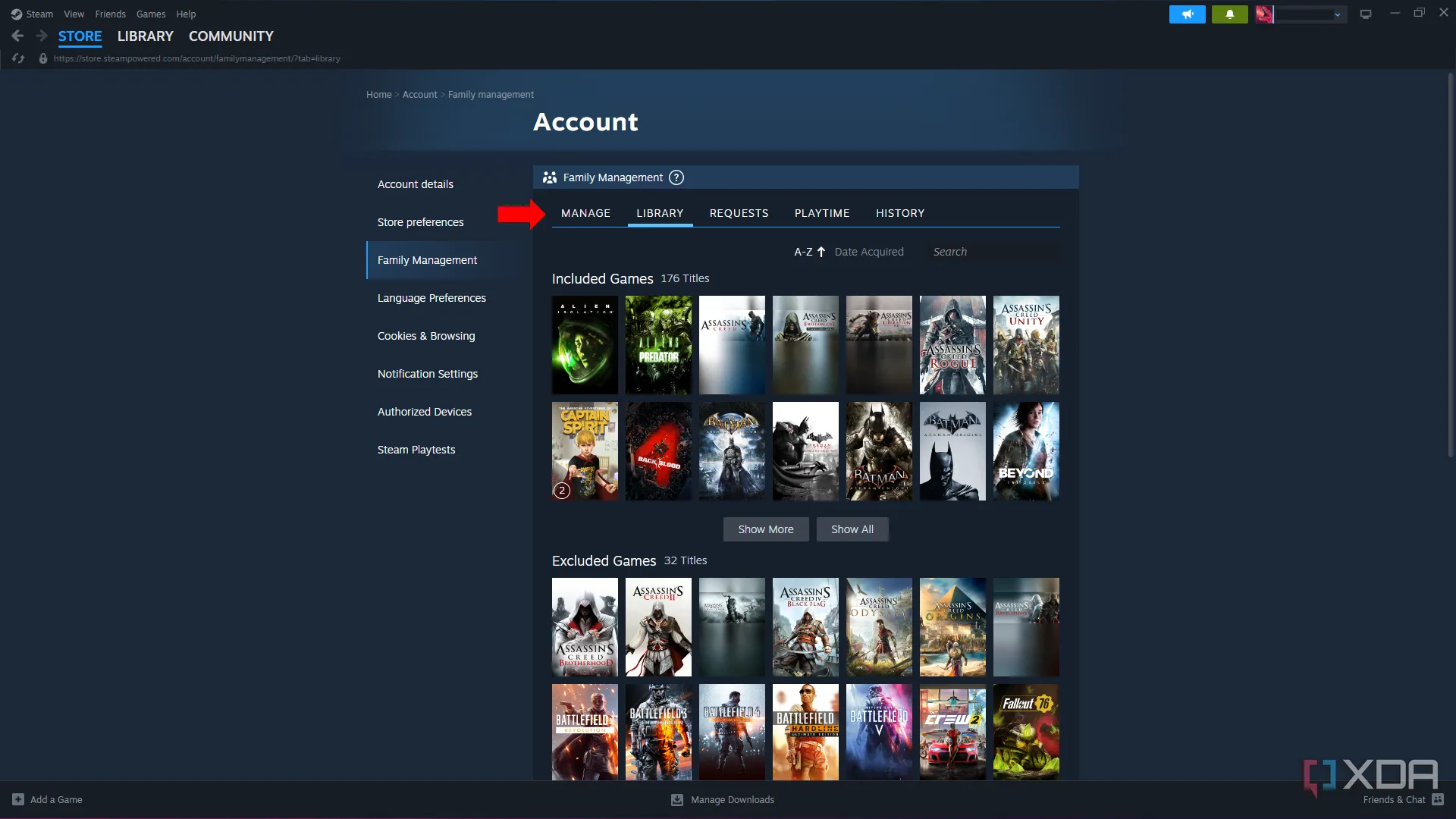 Menu chia sẻ thư viện gia đình trong cài đặt quản lý gia đình của Steam