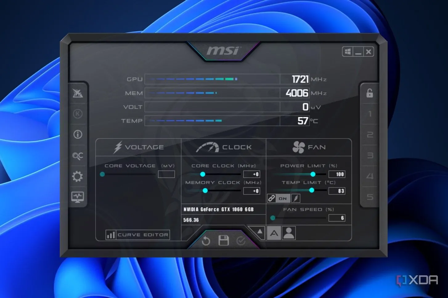 Menu chính của MSI Afterburner hiển thị các tùy chọn cấu hình và điều chỉnh