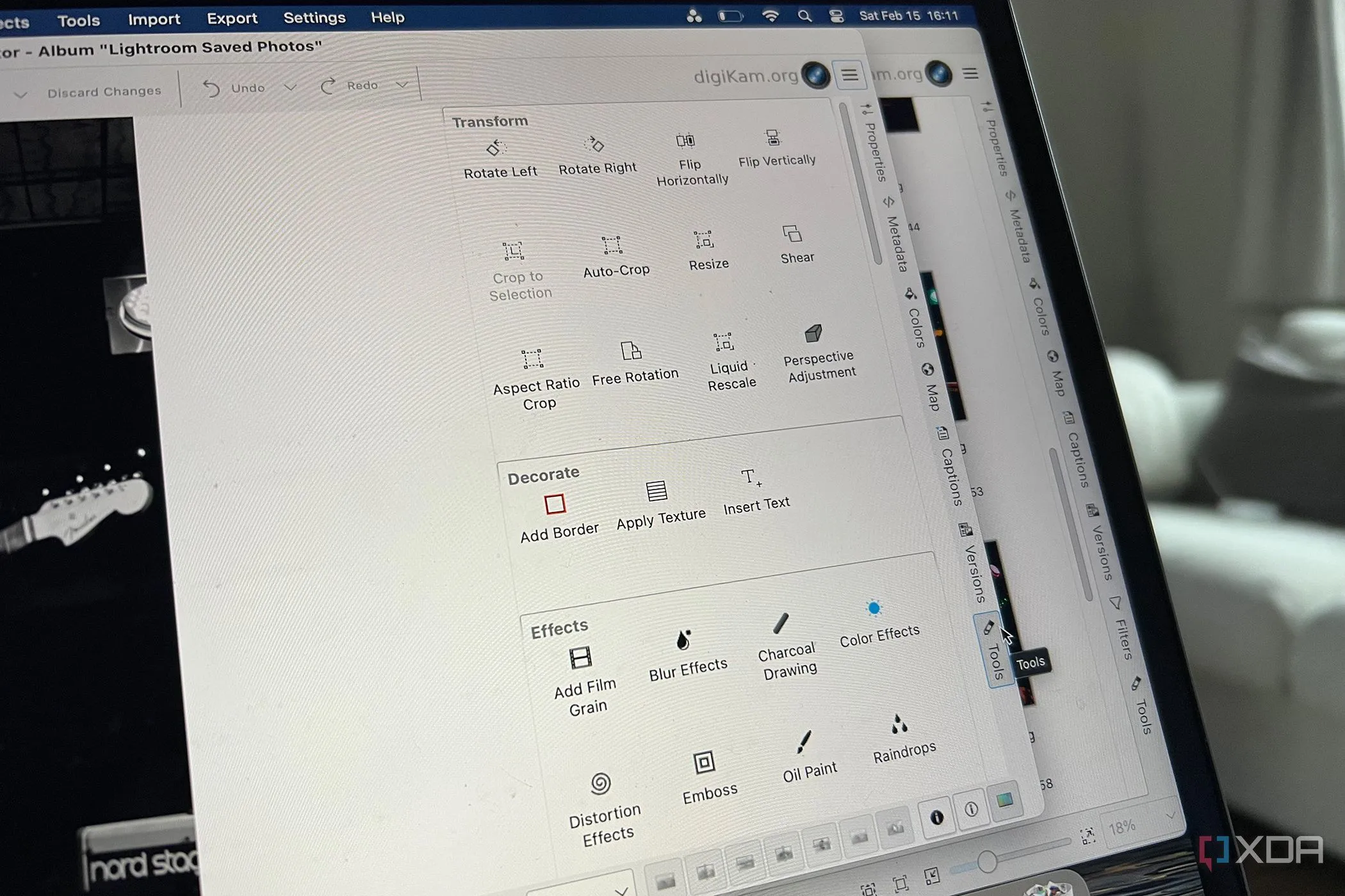 Menu công cụ chỉnh sửa ảnh cơ bản của DigiKam, bao gồm các tùy chọn màu sắc và hiệu ứng