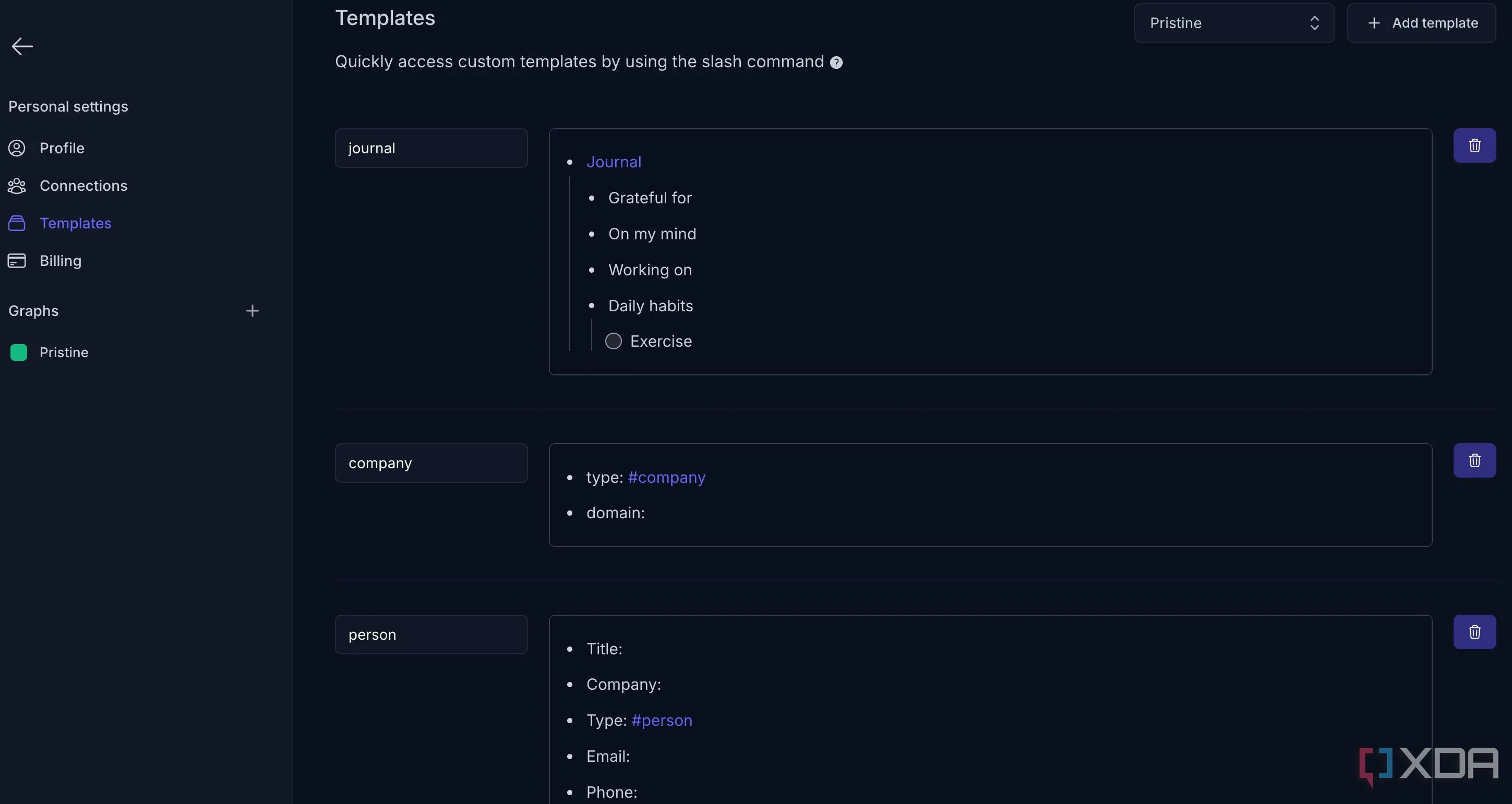 Menu lệnh chéo (slash command) để chèn template tùy chỉnh trong Reflect Notes