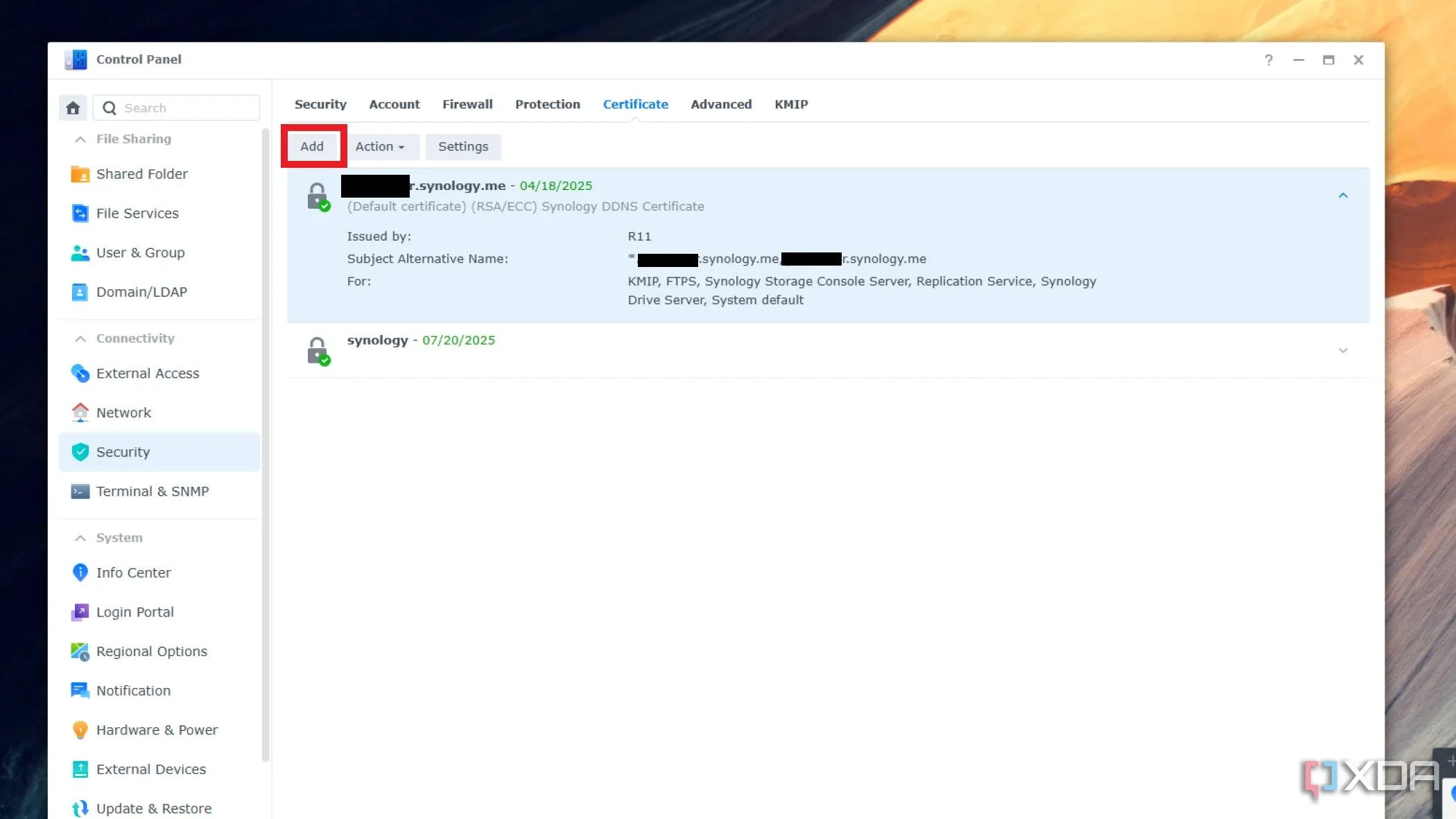 Menu quản lý chứng chỉ SSL trong Control Panel của Synology DSM, nơi người dùng thêm hoặc thay thế chứng chỉ