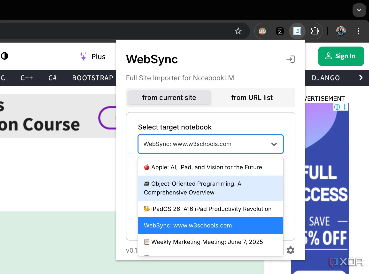 Menu thả xuống của WebSync hiển thị danh sách các sổ tay NotebookLM hiện có và tùy chọn tạo sổ tay mới.