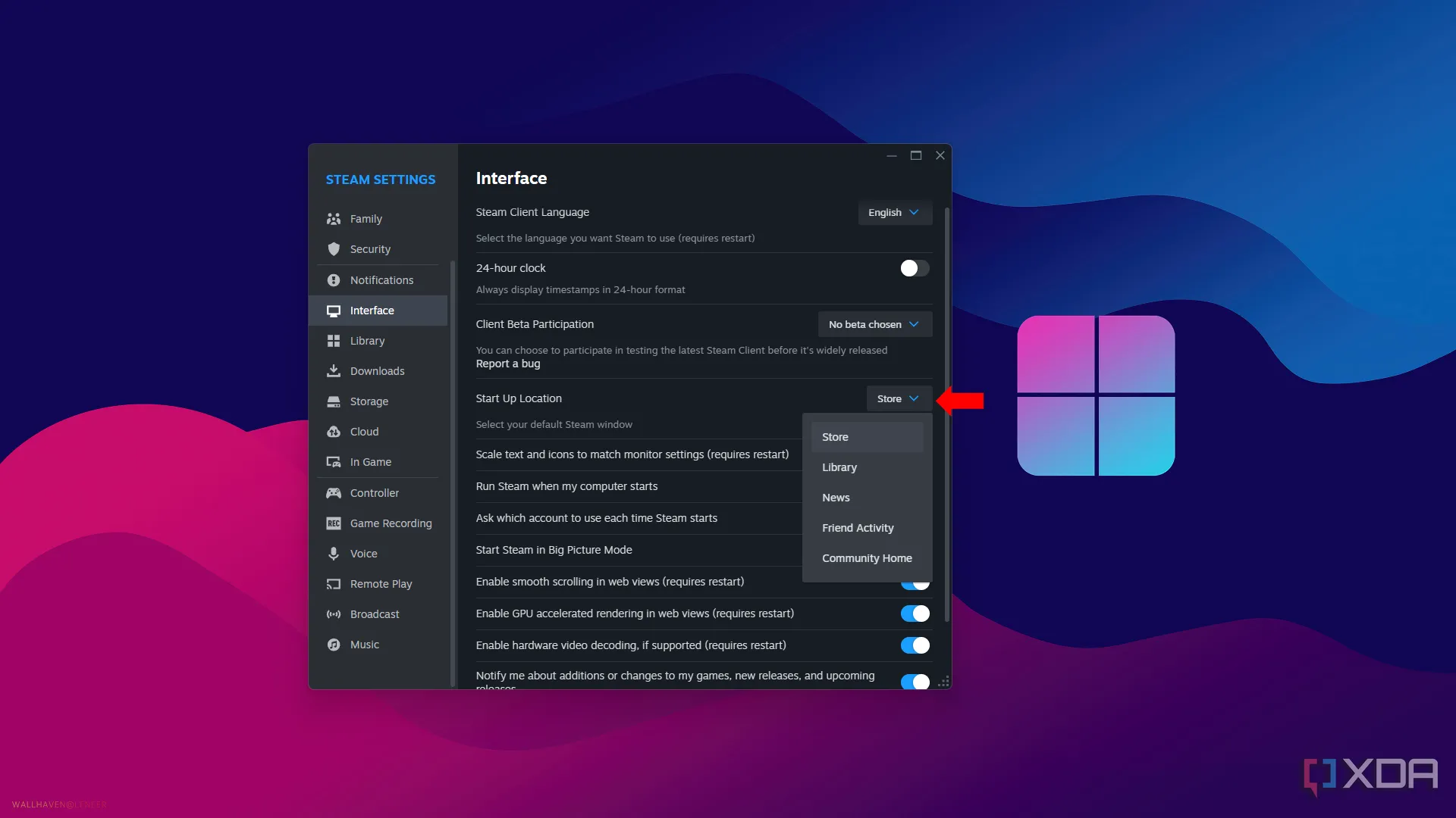 Menu thả xuống tùy chọn trang khởi động trong cài đặt Steam