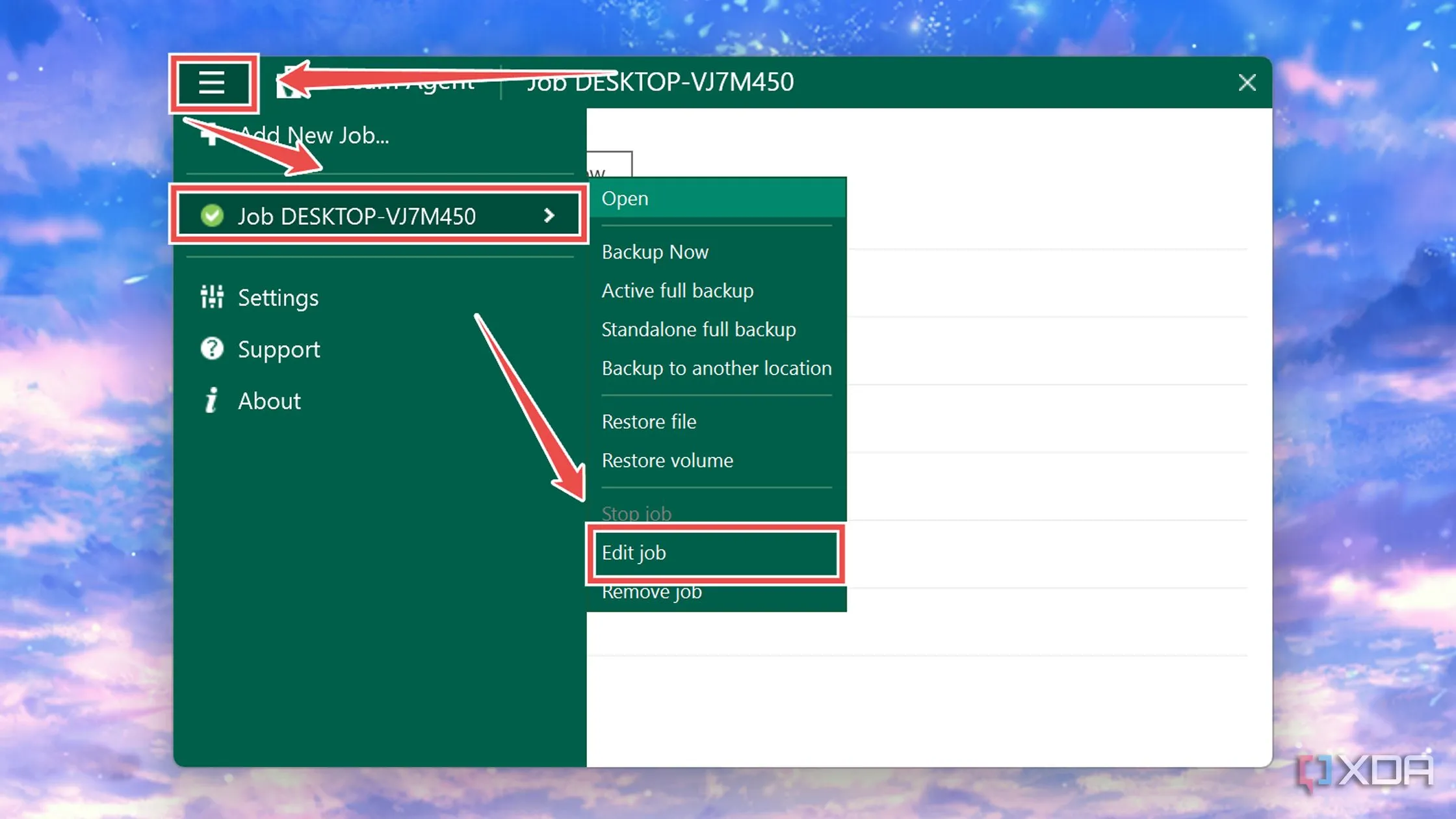 Menu tùy chọn Job trong giao diện Veeam Backup Agent, chọn Edit job
