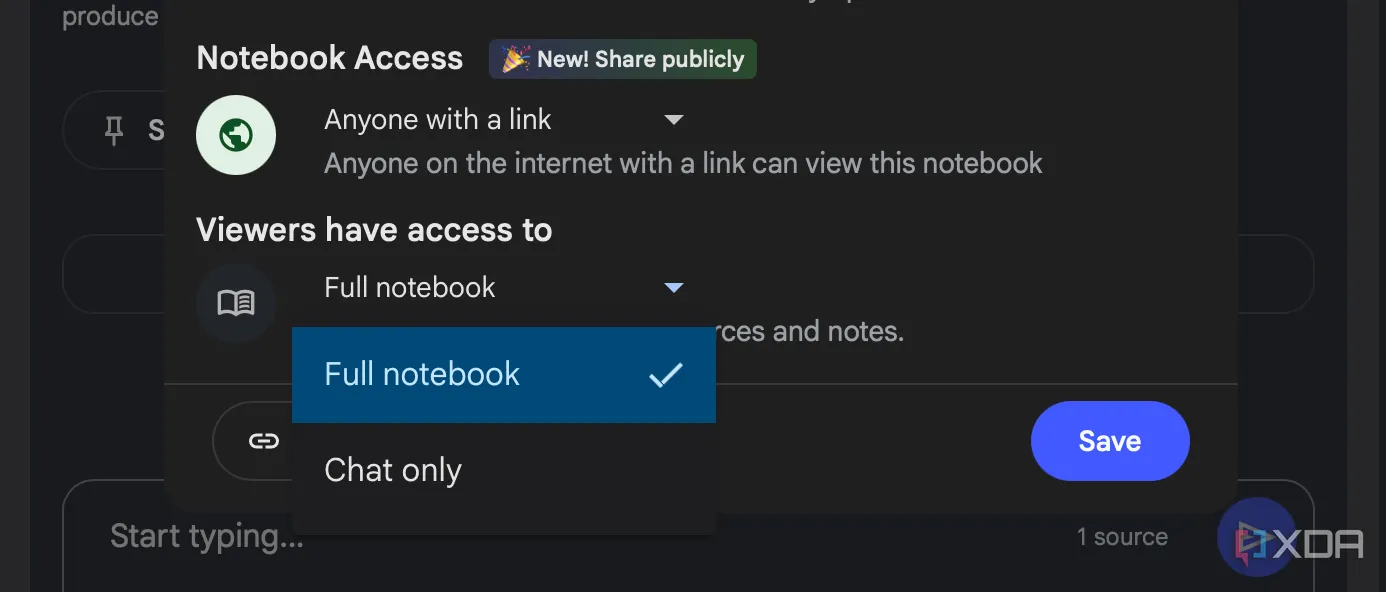 Menu tùy chọn quyền truy cập cho người xem NotebookLM, bao gồm &quot;Full notebook&quot; và &quot;Chat only&quot;