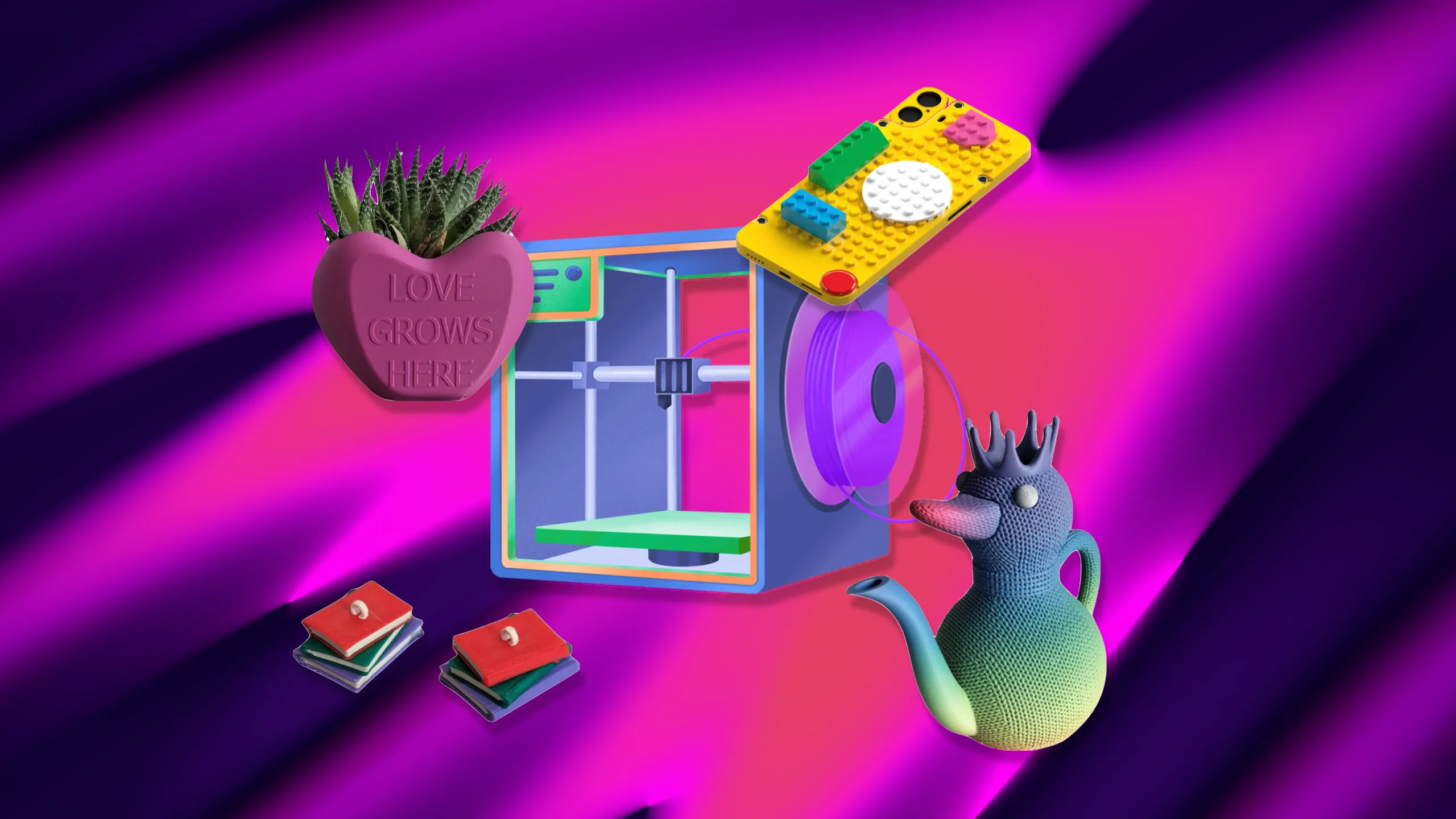 Minh họa các vật phẩm đa dạng có thể in 3D, cho thấy tiềm năng của công nghệ in 3D