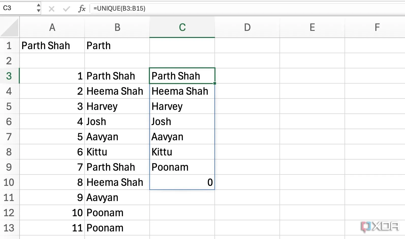 Minh họa cách dùng hàm UNIQUE để lọc các giá trị không trùng lặp trong Excel