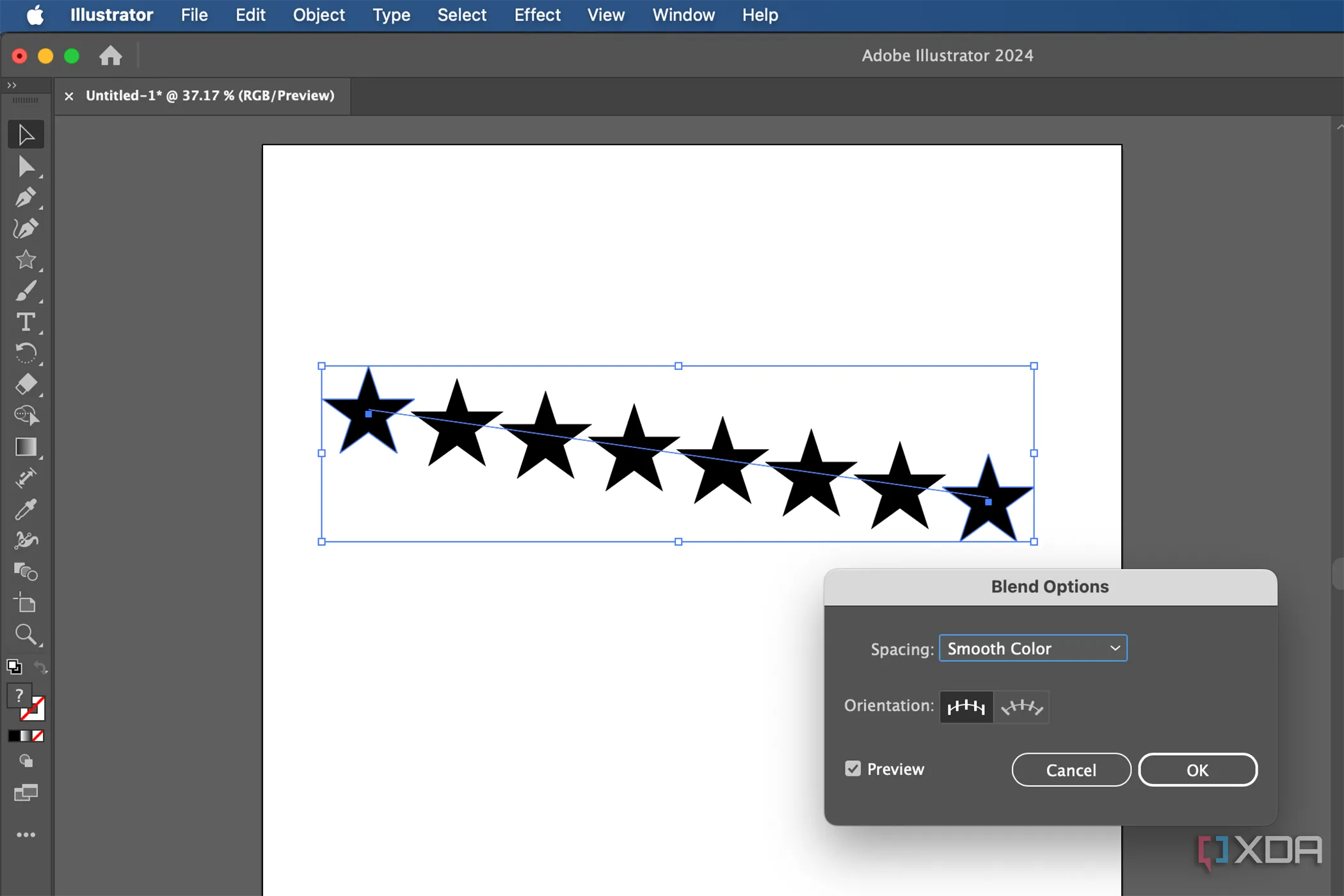 Minh họa công cụ Blend trong Adobe Illustrator, tạo hiệu ứng chuyển màu và hình dạng mượt mà trong thiết kế vector