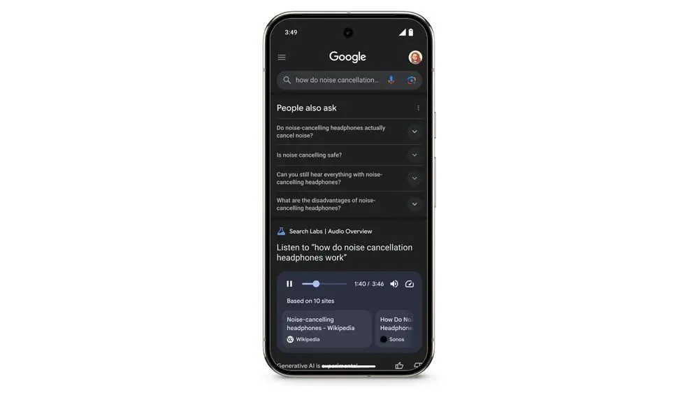 Minh họa tính năng Audio Overviews của Google hiển thị kết quả tóm tắt âm thanh trên trang tìm kiếm