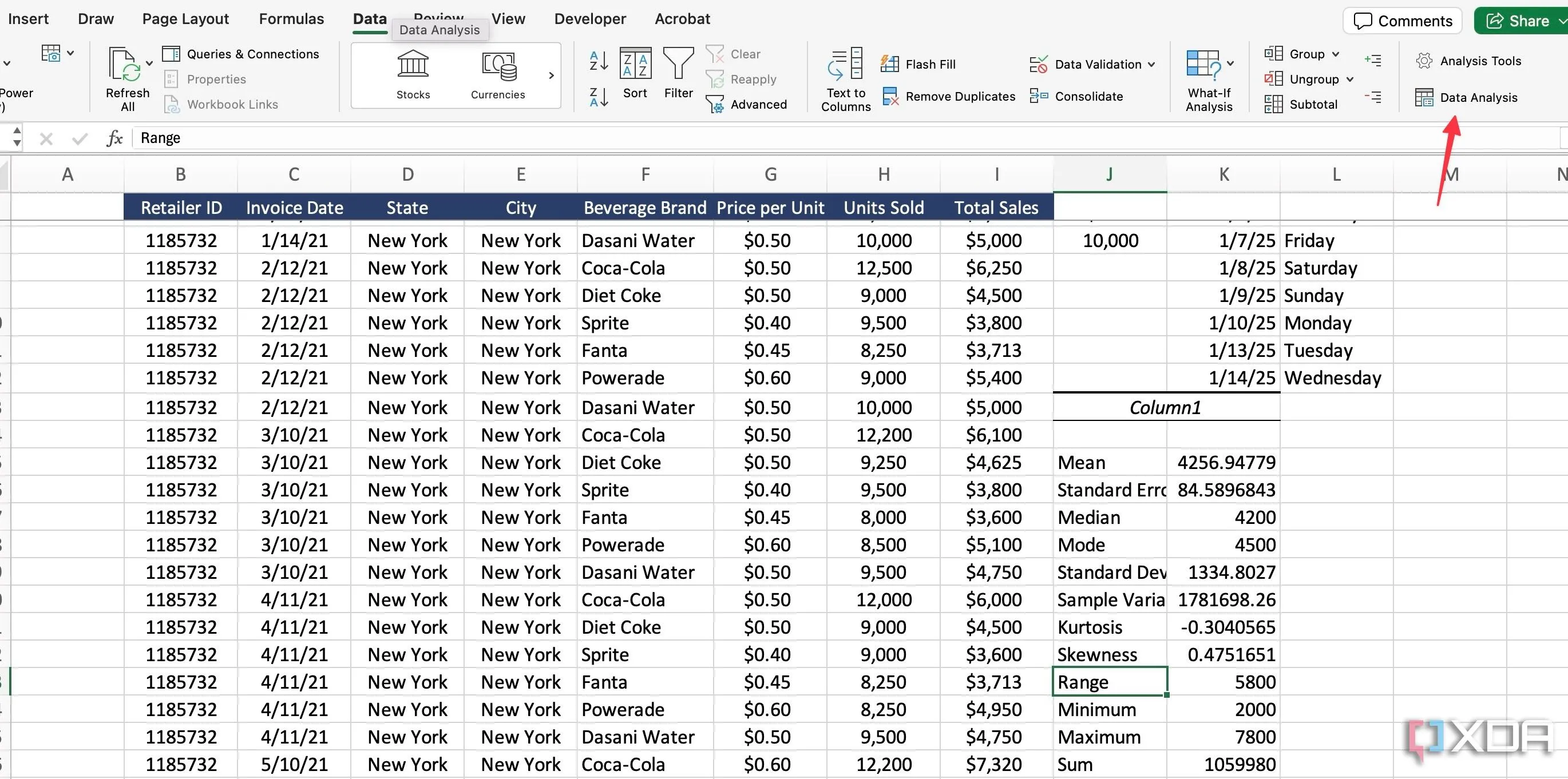Mở công cụ Phân tích dữ liệu (Data Analysis) trong Excel