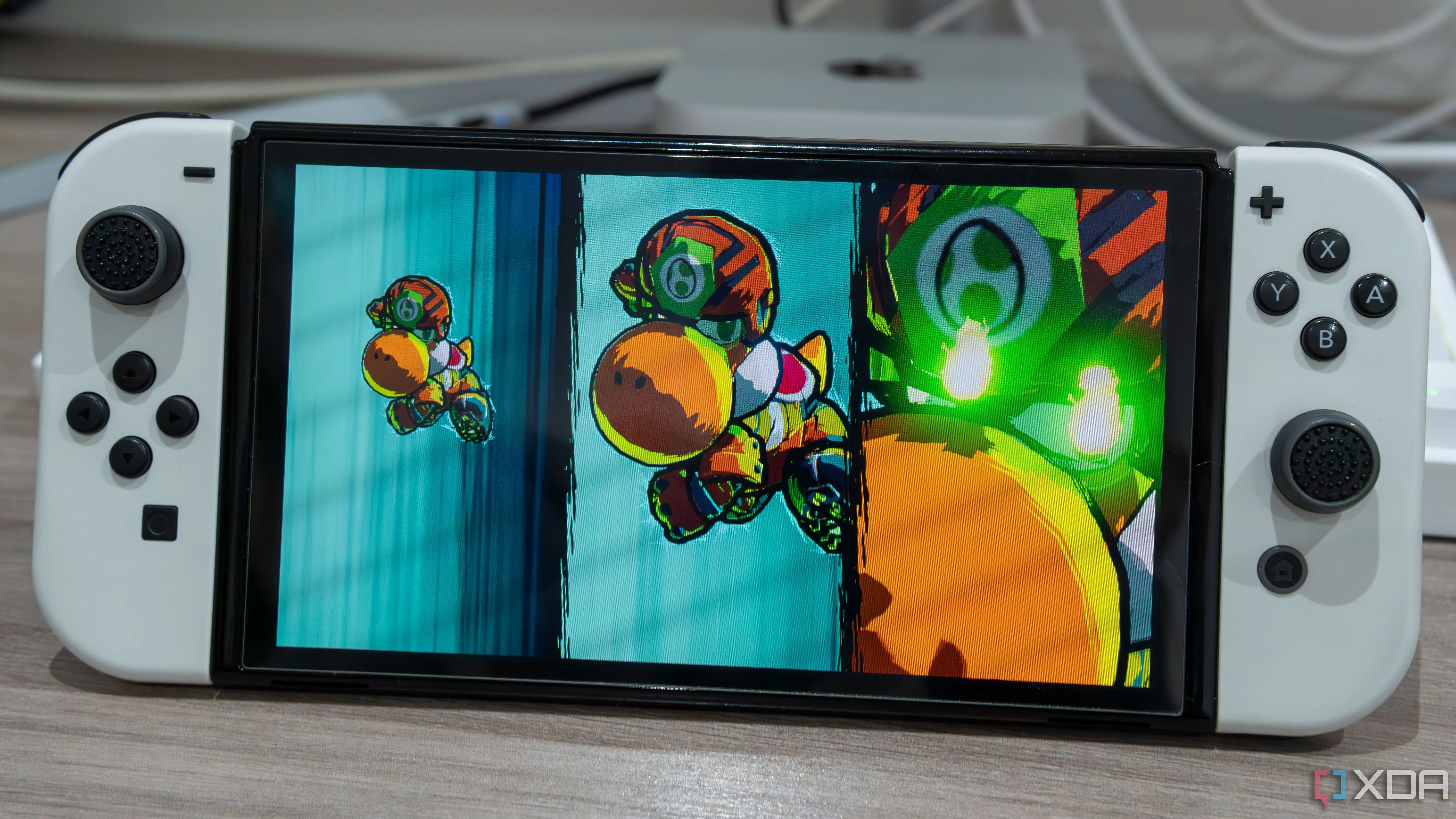 Mô hình Nintendo Switch OLED đang hiển thị game Mario Strikers Battle League