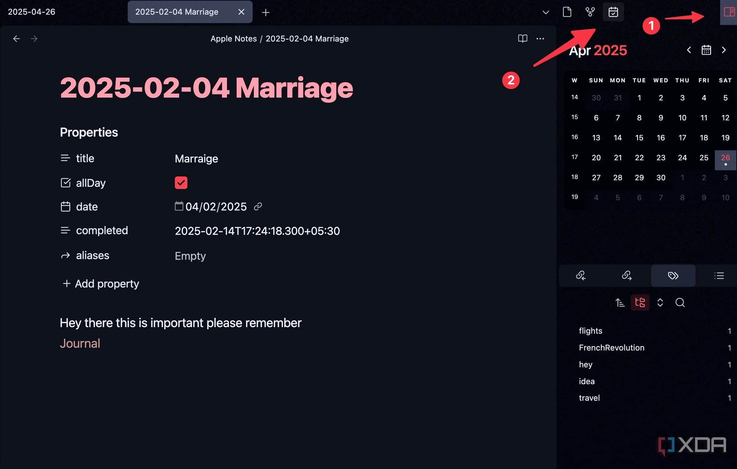 Mở rộng thanh bên trong Obsidian để hiển thị widget lịch từ plugin Calendar