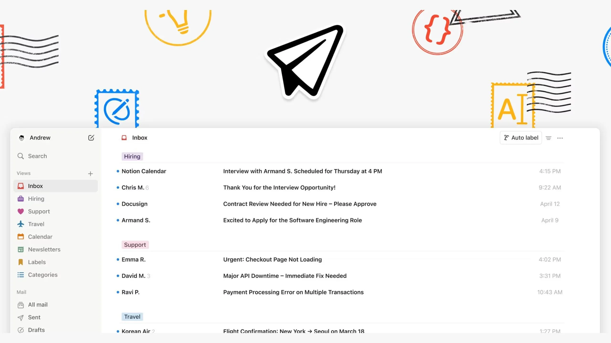 Mô tả tính năng phân loại email tự động bằng AI trong Notion Mail, hiển thị cách ứng dụng sắp xếp hộp thư đến theo các tiêu chí như độ quan trọng và chủ đề.