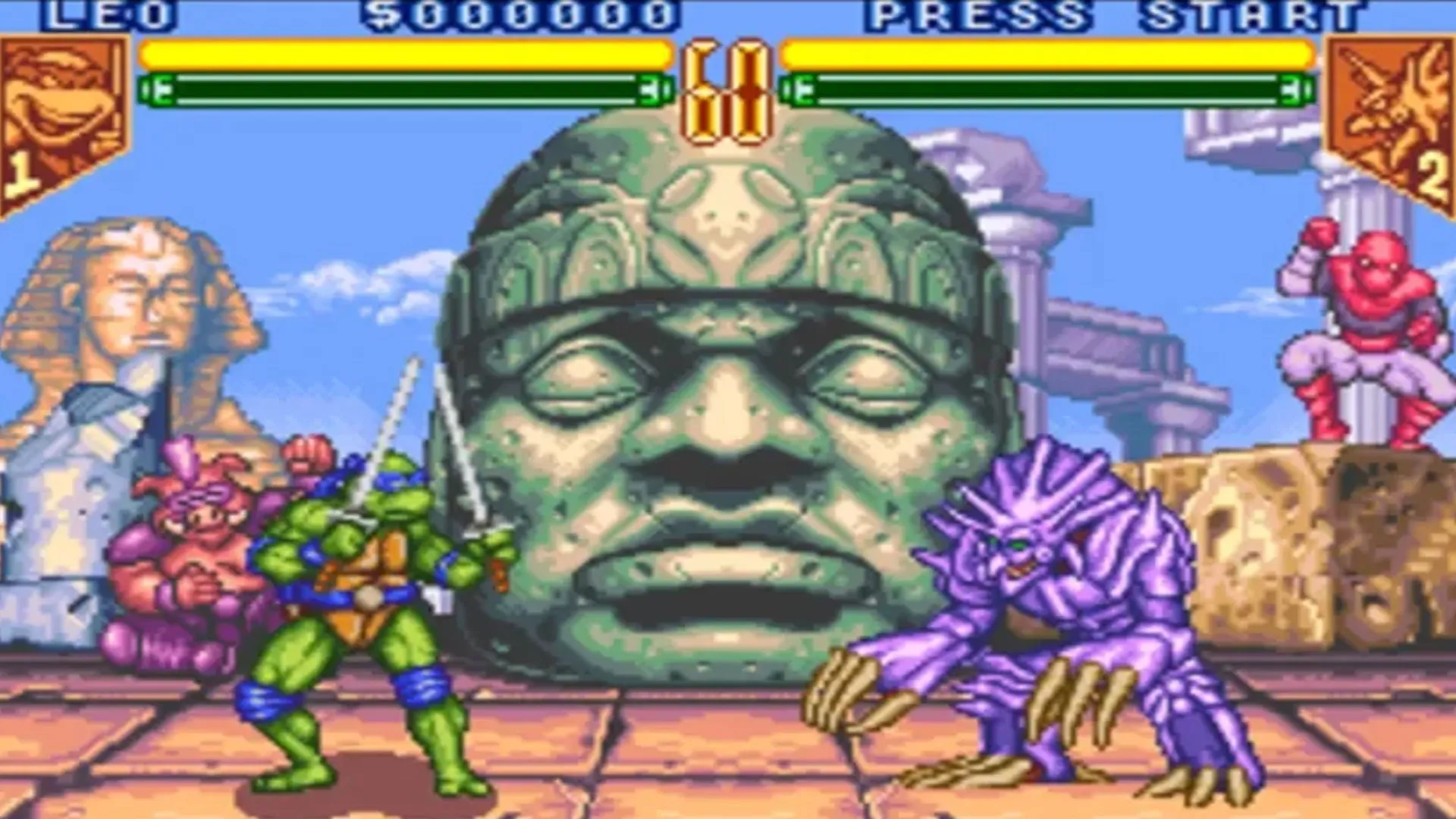 Một ảnh chụp màn hình gameplay của TMNT: Tournament Fighters trên SNES, hiển thị trận đấu giữa Leonardo và Shredder