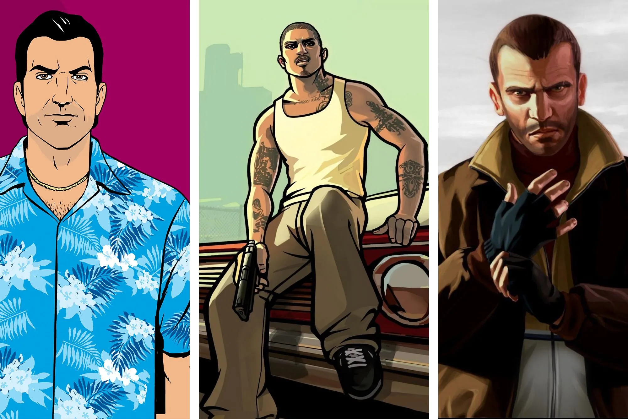 Một bức ảnh ghép bao gồm các hình minh họa chính thức của Tommy Vercitti, Cesar Vialpando và Niko Bellic