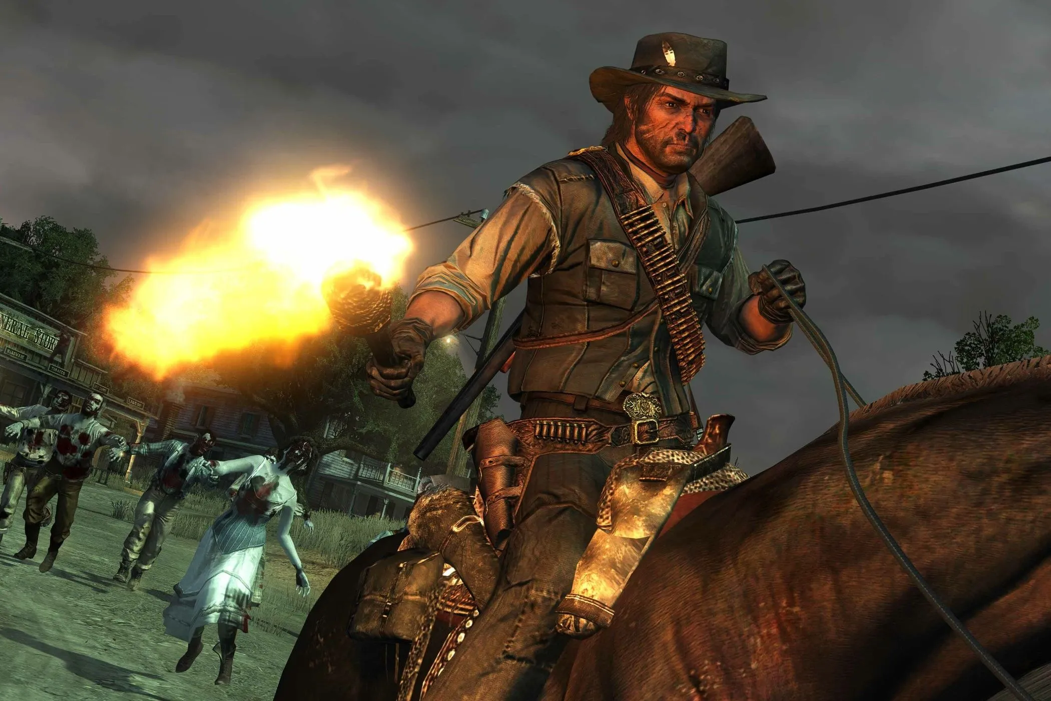 Một cảnh trong Red Dead Redemption Undead Nightmare với nhân vật chính trên ngựa cầm đuốc giữa bầy zombie, thể hiện sự kịch tính của game