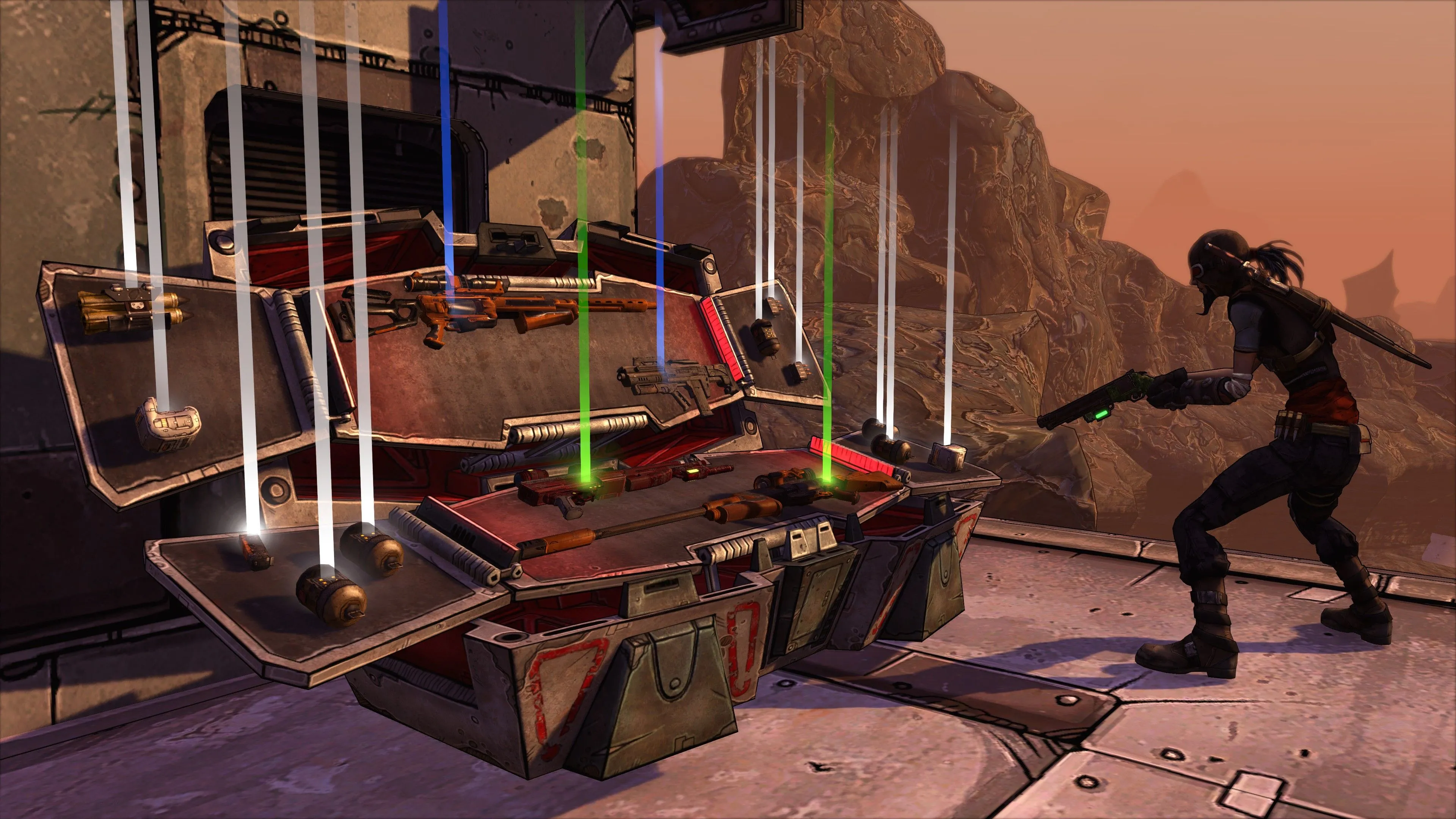 Một chiếc rương mở ra với đầy vũ khí trong game Borderlands, biểu tượng của niềm vui săn loot trong chế độ co-op chia đôi màn hình.