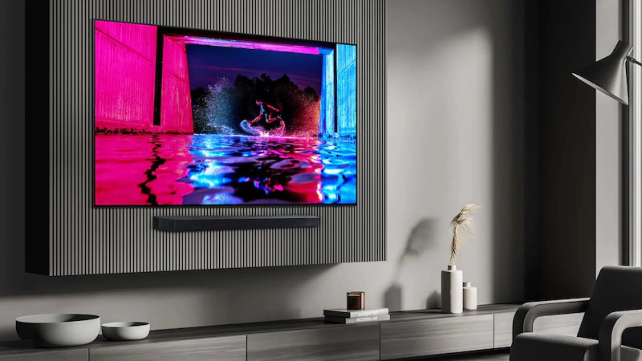 Một chiếc TV màn hình phẳng treo tường, gợi nhớ về thời kỳ TV 3D từng phổ biến trong ngành công nghiệp điện tử tiêu dùng.