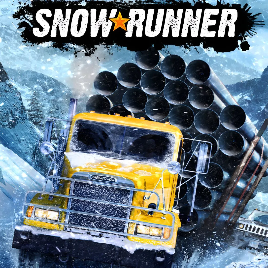 Một chiếc xe tải lớn đang di chuyển qua địa hình tuyết trong SnowRunner