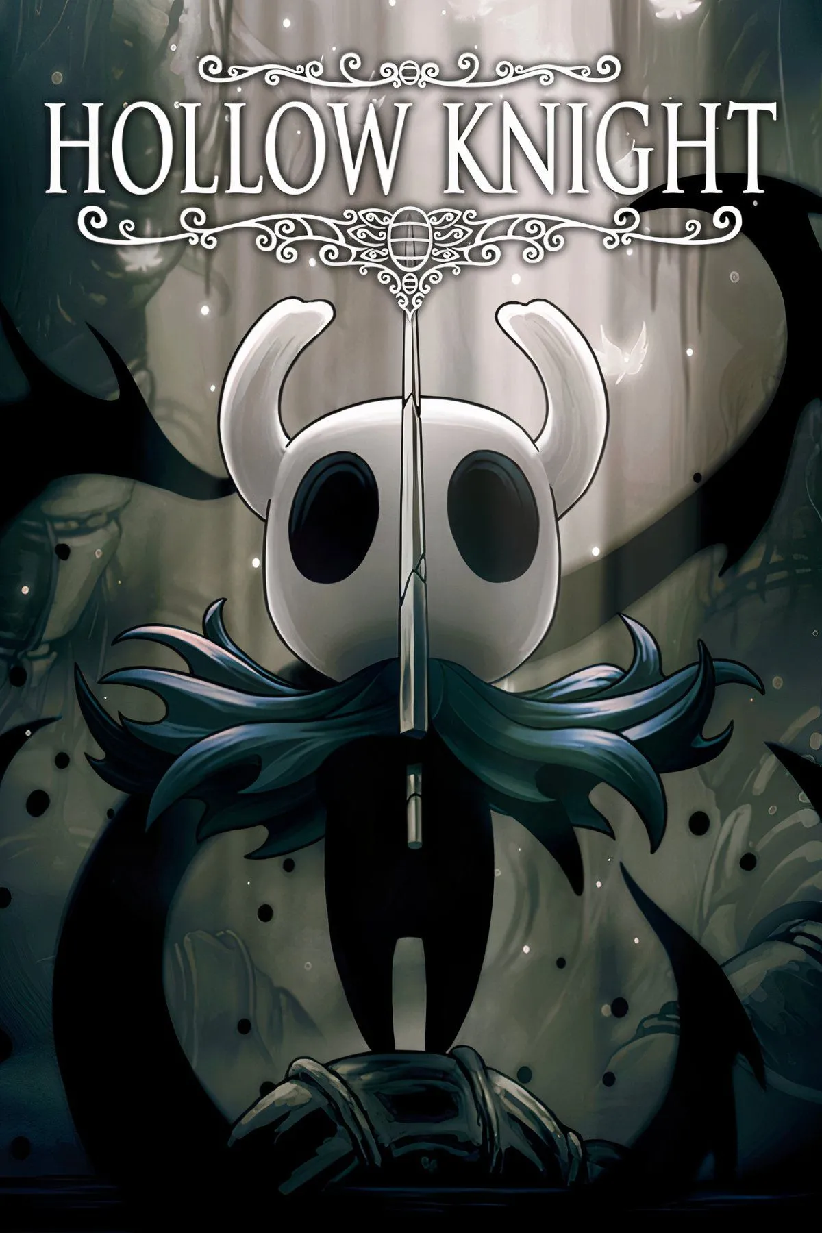 Một chiến binh Hollow Knight nhỏ bé đối mặt với một con trùm khổng lồ trong một hang động tối tăm, đồ họa 2D vẽ tay