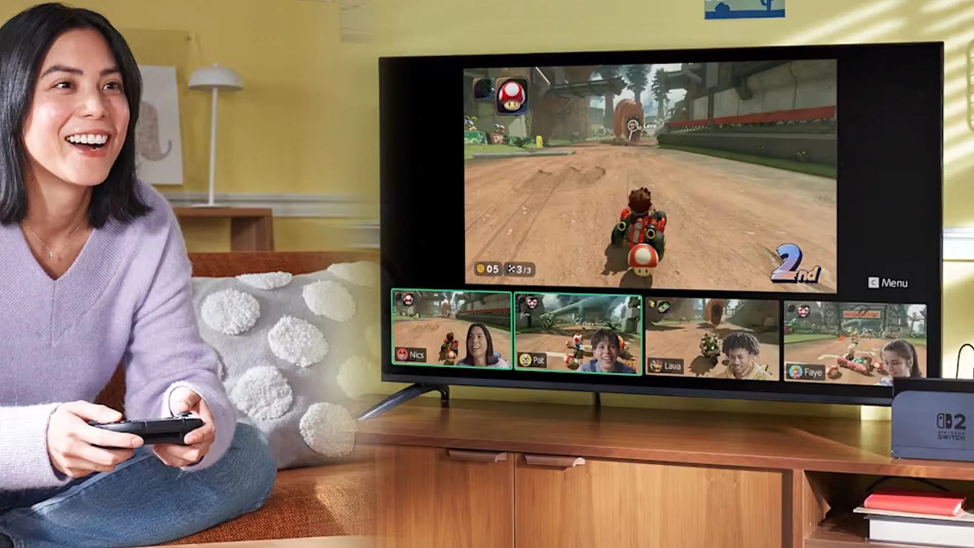 Một cô gái đang trải nghiệm game Mario Kart trên Nintendo Switch 2, minh họa vấn đề tương thích trong khi chơi