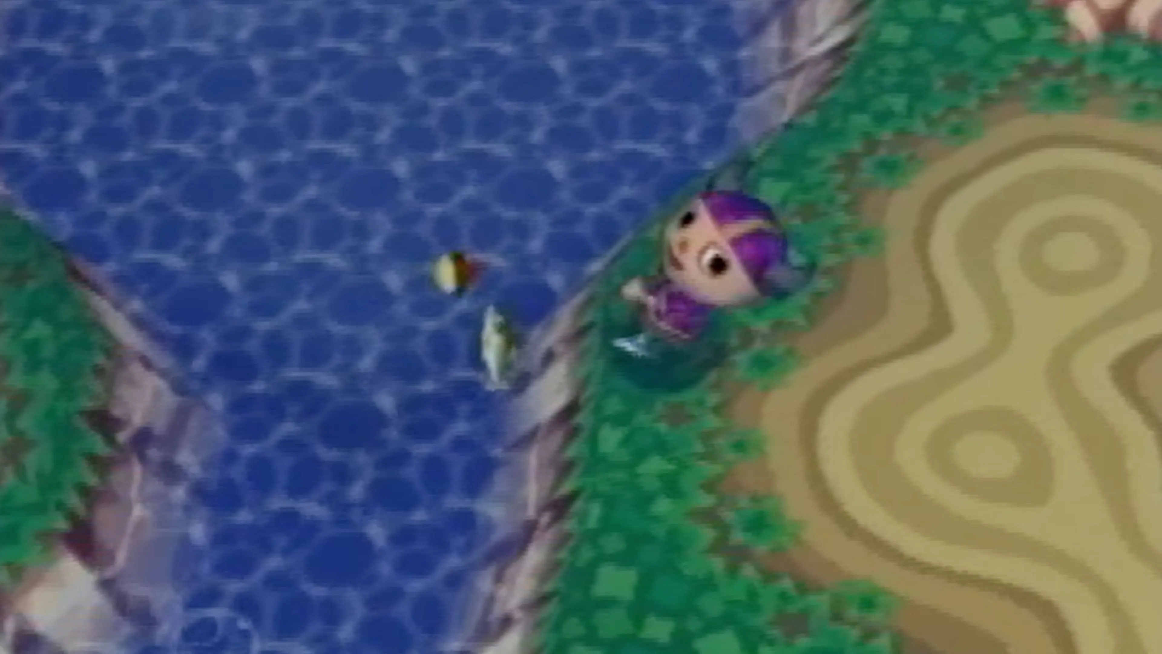 Một góc phố yên bình với cây cối và ngôi nhà trong Animal Crossing trên Nintendo GameCube.