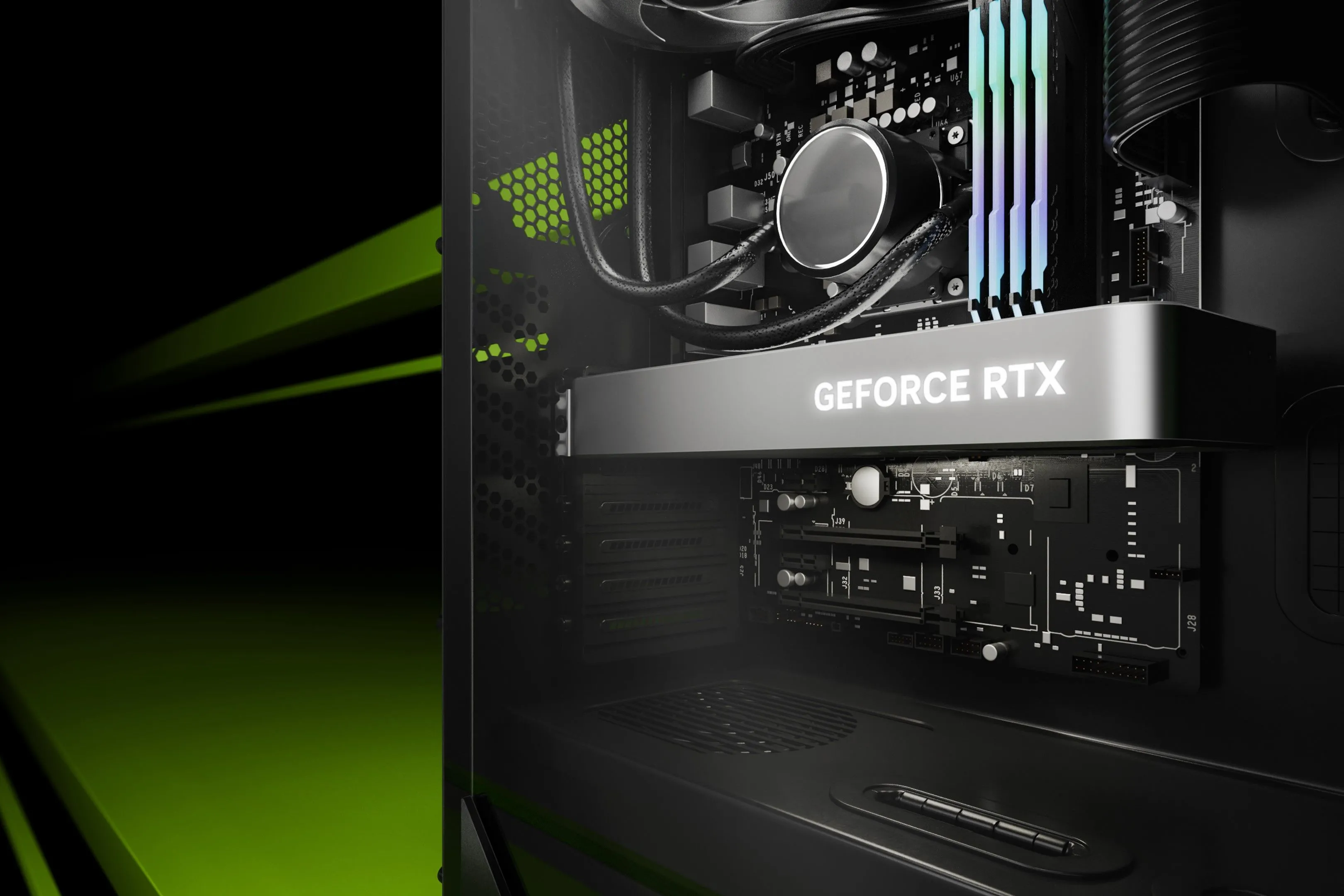 Một GPU Nvidia GeForce RTX bên trong vỏ máy tính để bàn.