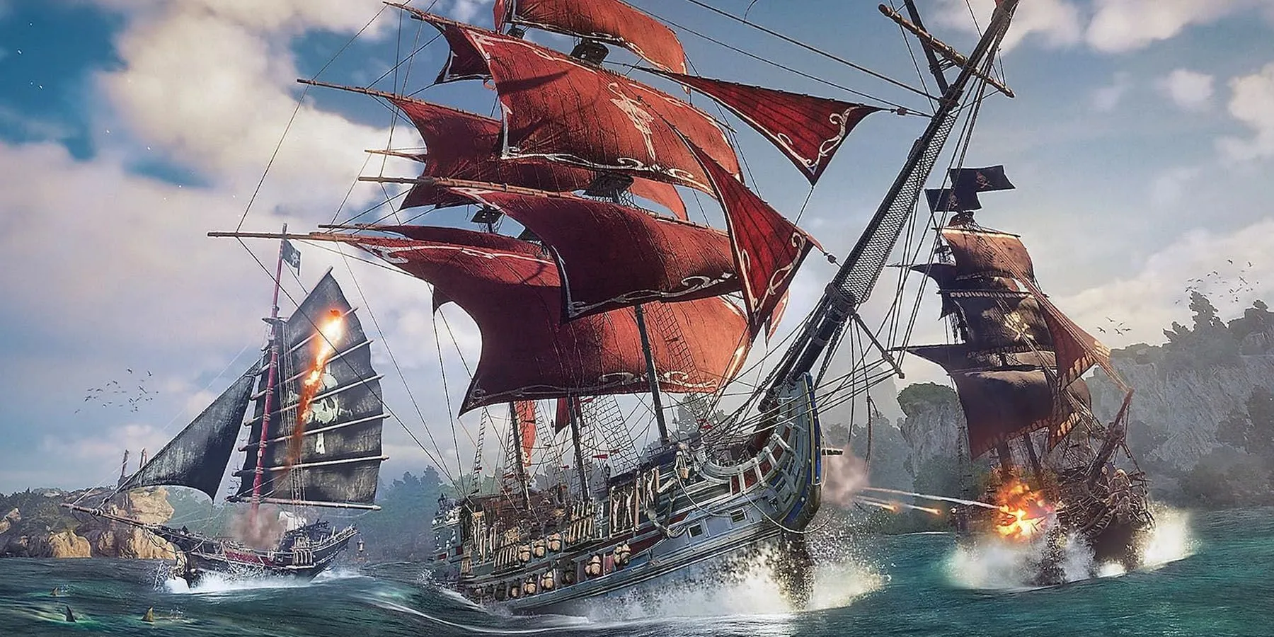 Một hạm đội tàu cướp biển hùng mạnh trong Skull &amp; Bones, thể hiện quy mô và đồ họa đẹp mắt của các trận hải chiến.