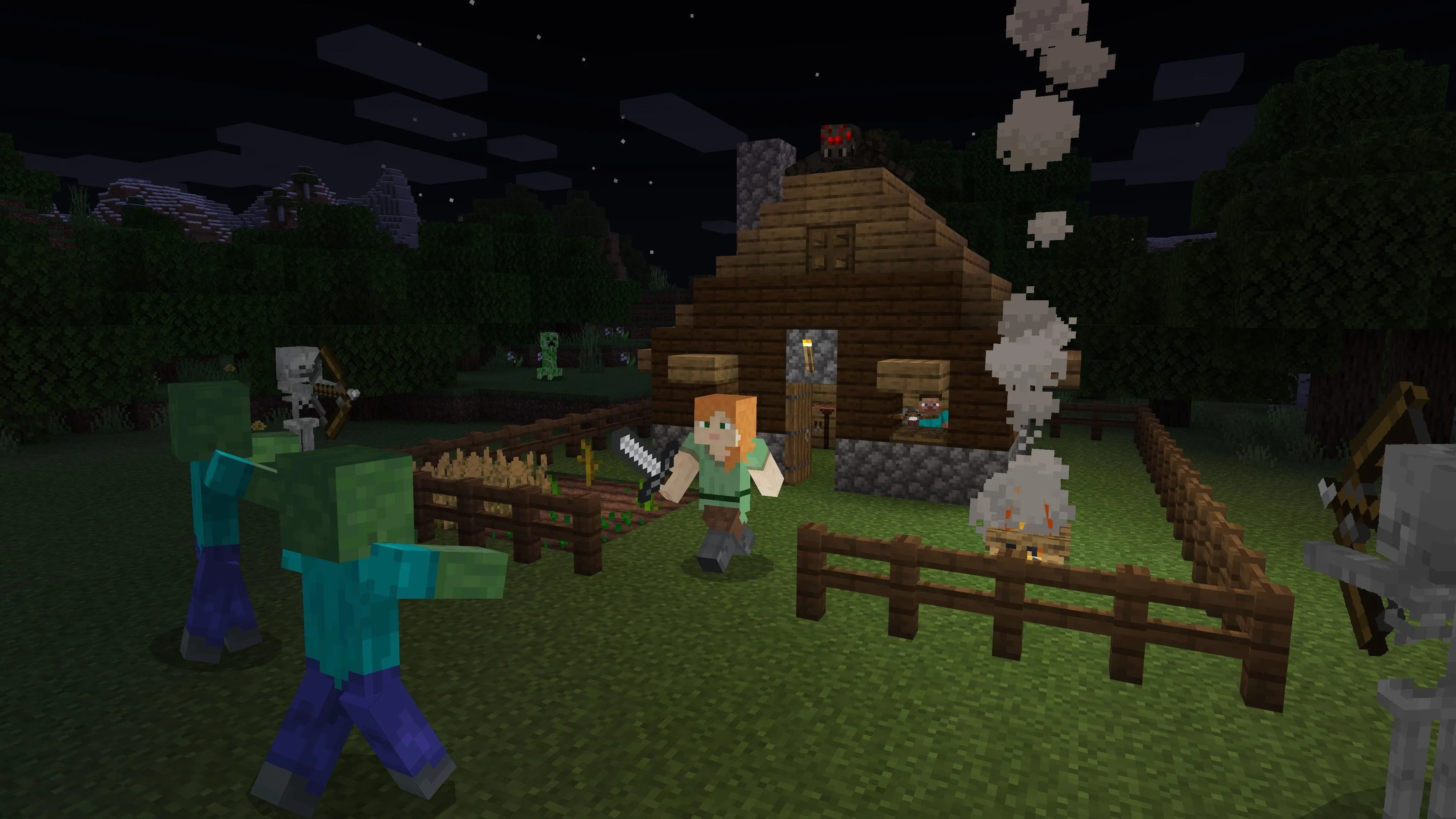 Một nhân vật đang chiến đấu với quái vật trong thế giới khối vuông của Minecraft.