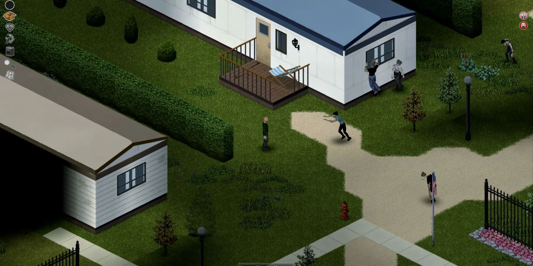 Một nhân vật đang tìm kiếm đồ đạc tại khu công viên xe kéo trong Project Zomboid khi các zombie tiến lại gần.