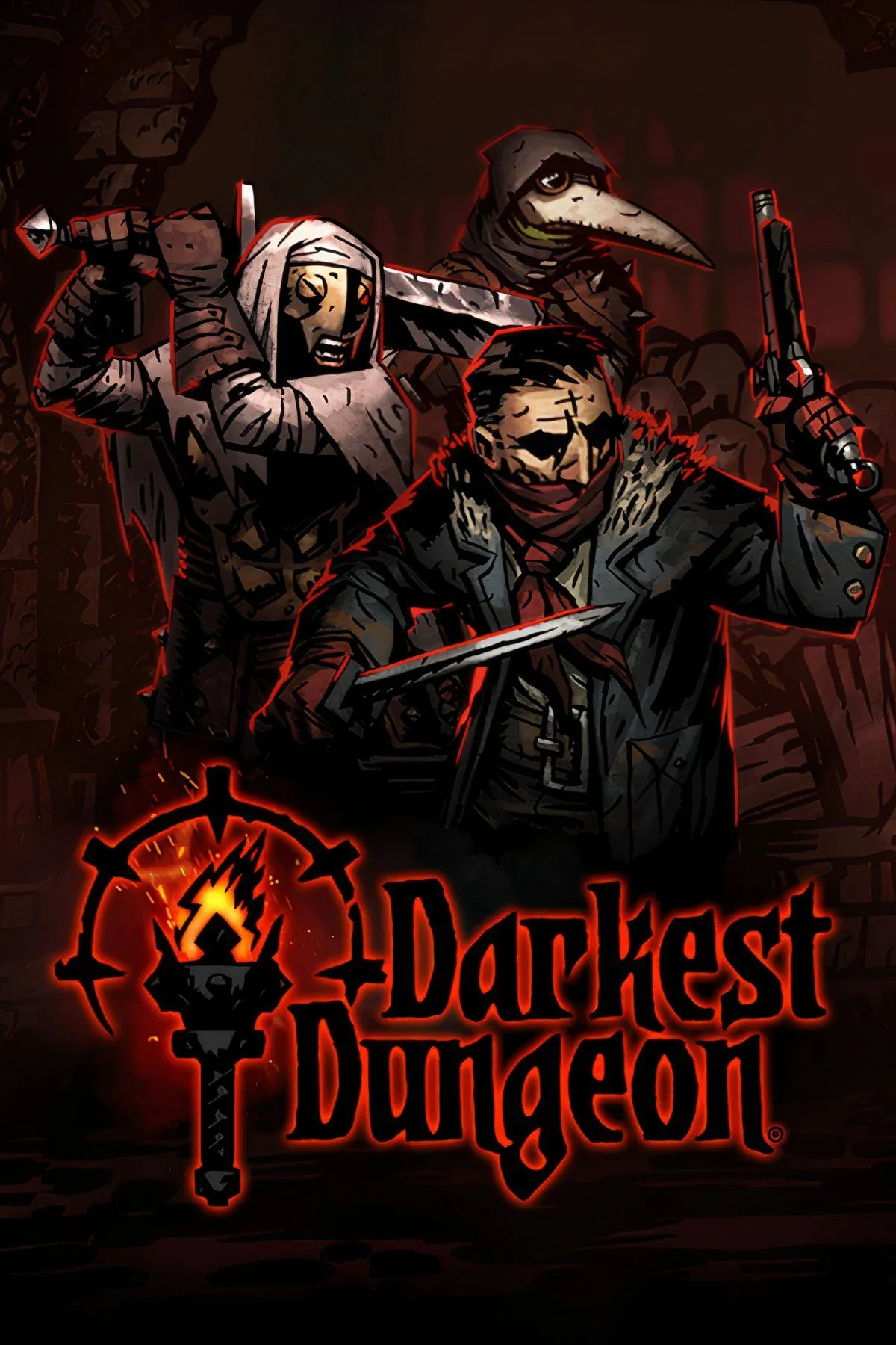 Một số hình ảnh tổng hợp từ game nhập vai chiến thuật Darkest Dungeon, thể hiện không khí u tối và các nhân vật.