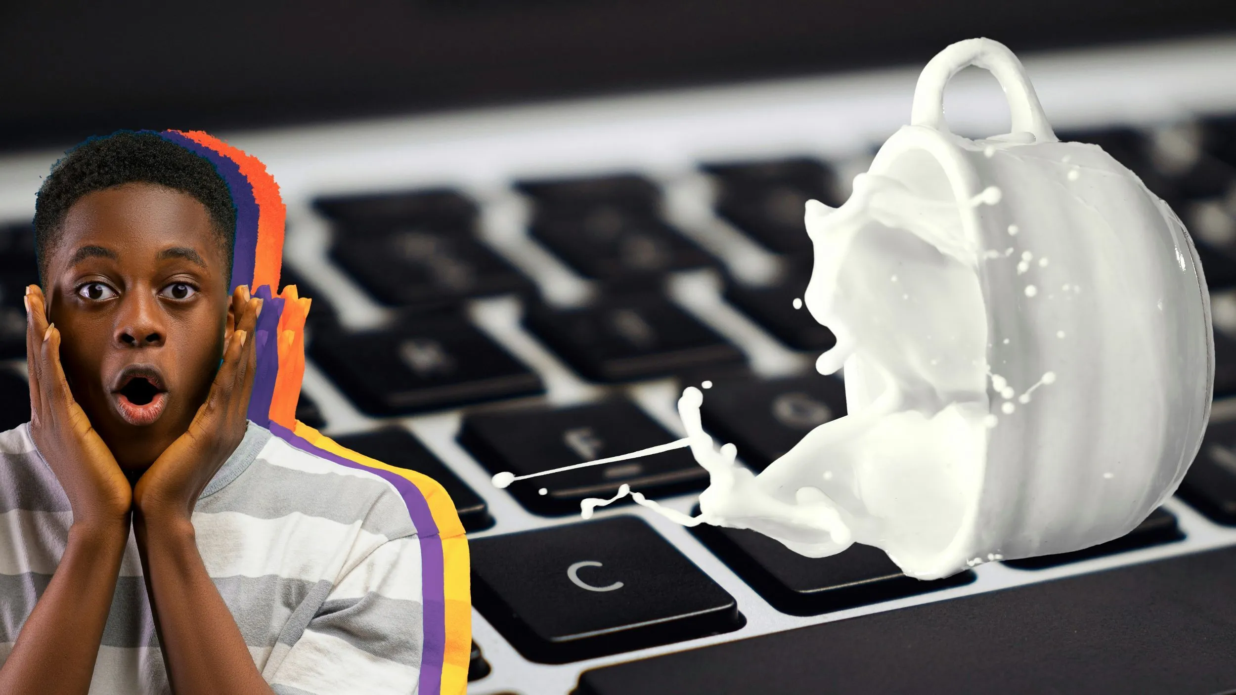 Một tách sữa bị đổ tràn lên bàn phím laptop khiến người đàn ông bất ngờ