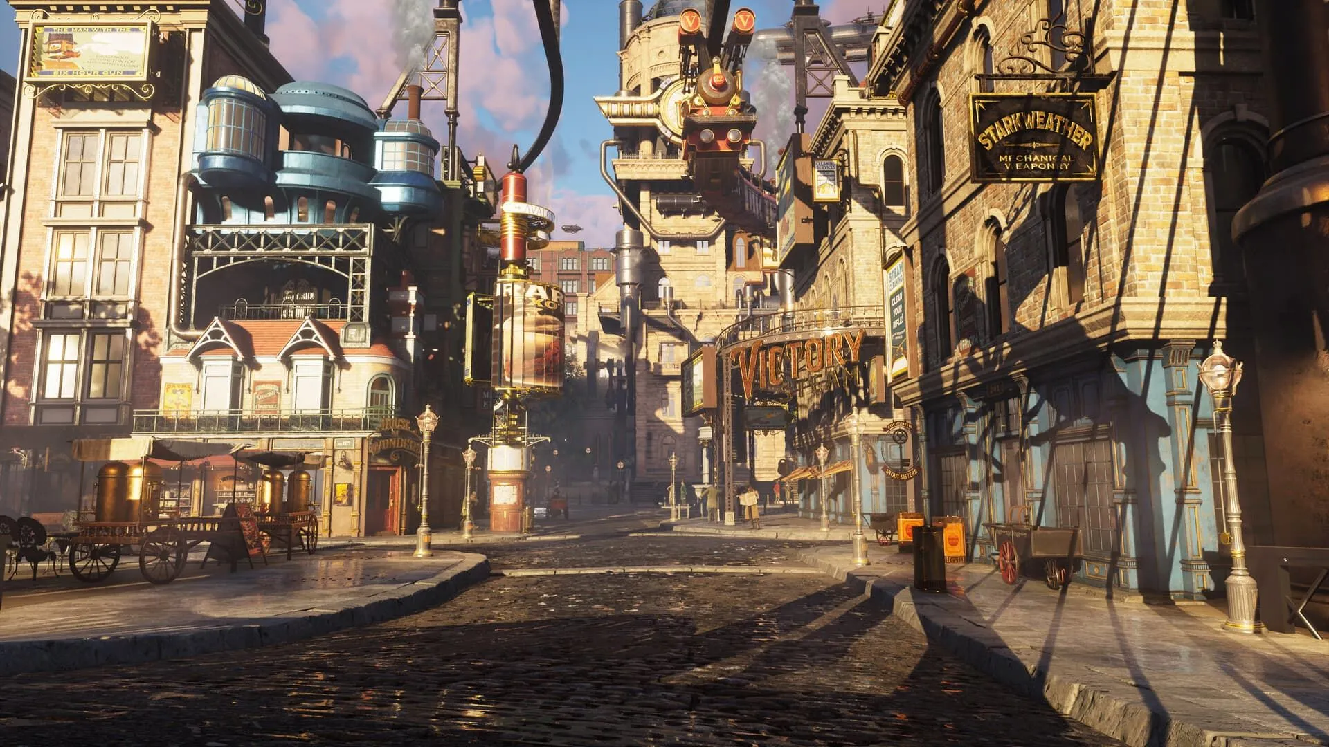 Một thành phố kiểu steampunk trong game Clockwork Revolution, với kiến trúc độc đáo và công nghệ hơi nước.
