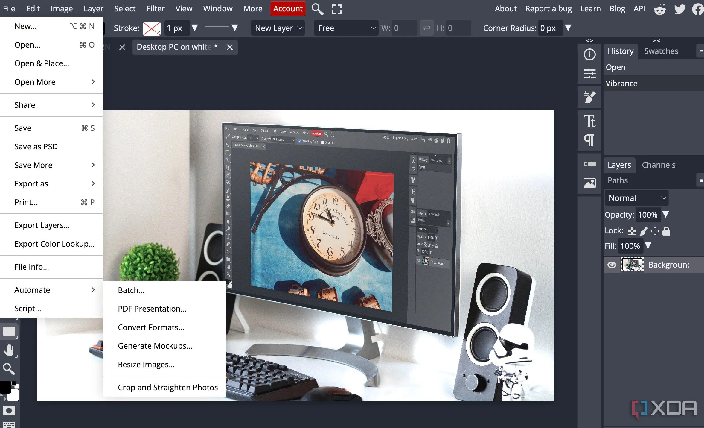 Mục Actions trong Photopea cho phép tự động hóa các tác vụ chỉnh sửa ảnh lặp lại, tiết kiệm thời gian cho người dùng