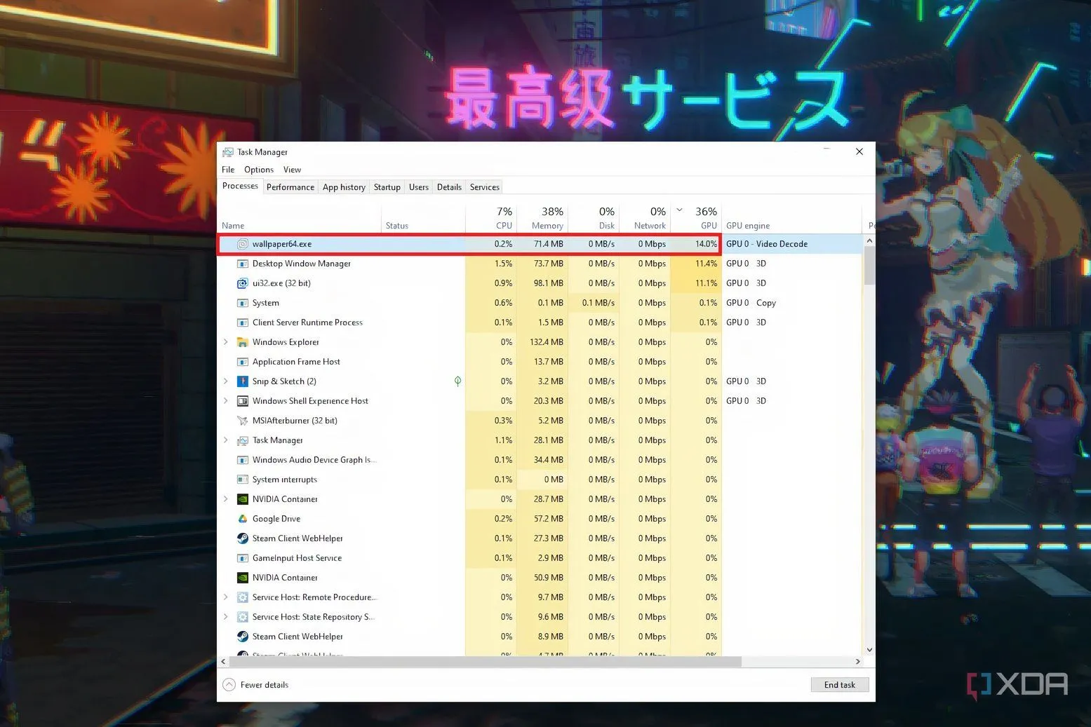 Mức độ sử dụng GPU của Wallpaper Engine hiển thị trong Task Manager, minh họa tiêu thụ tài nguyên